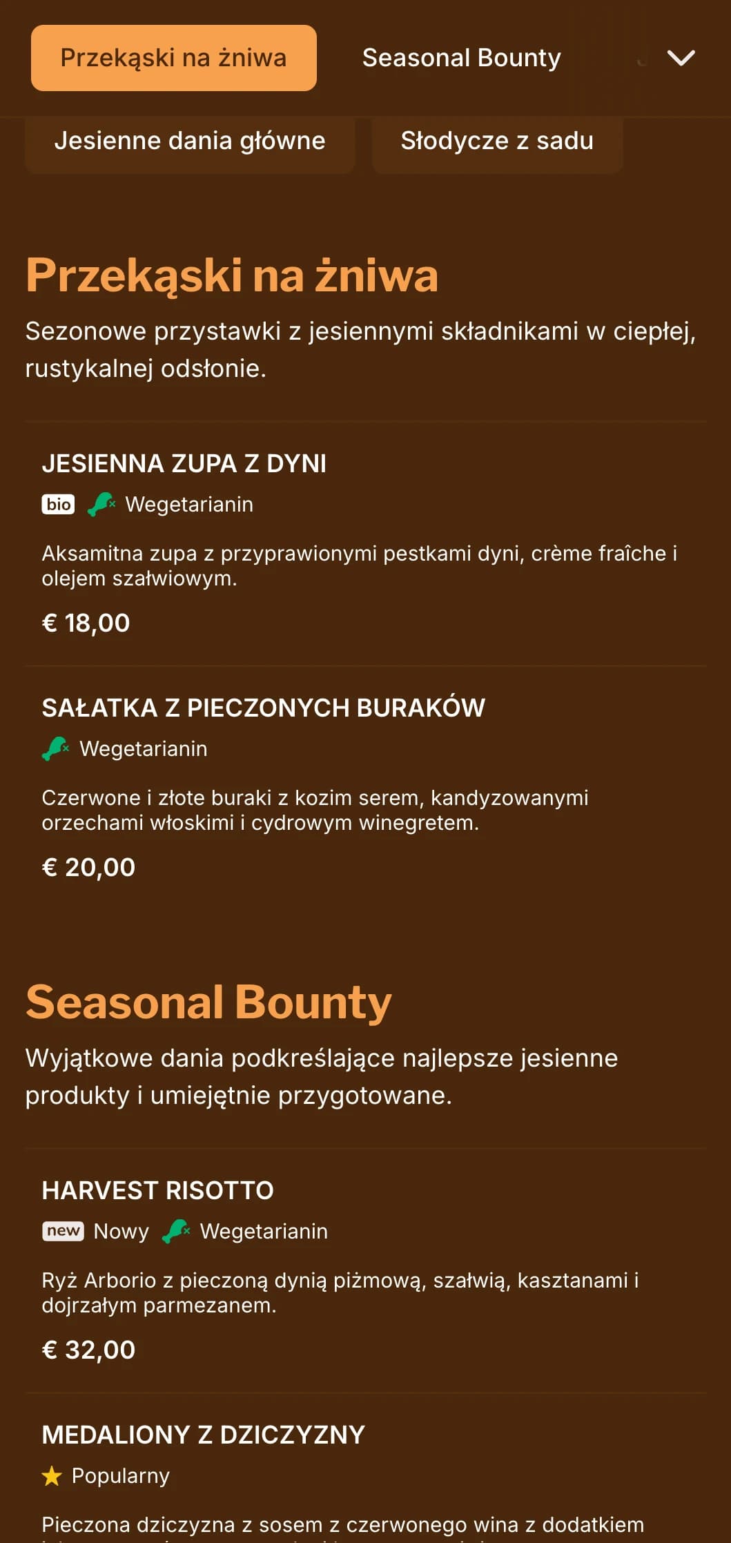 Ciepłe, inspirowane jesienią menu obiadowe z bogatymi bursztynowymi odcieniami, idealne do kuchni sezonowej i restauracji koncentrujących się na zbiorach.