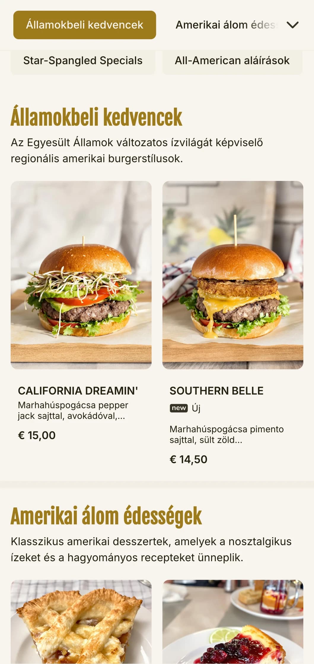 Klasszikus amerikai hamburgerező, piros, fehér és kék hangsúlyokkal és nosztalgikus éttermi elemekkel.