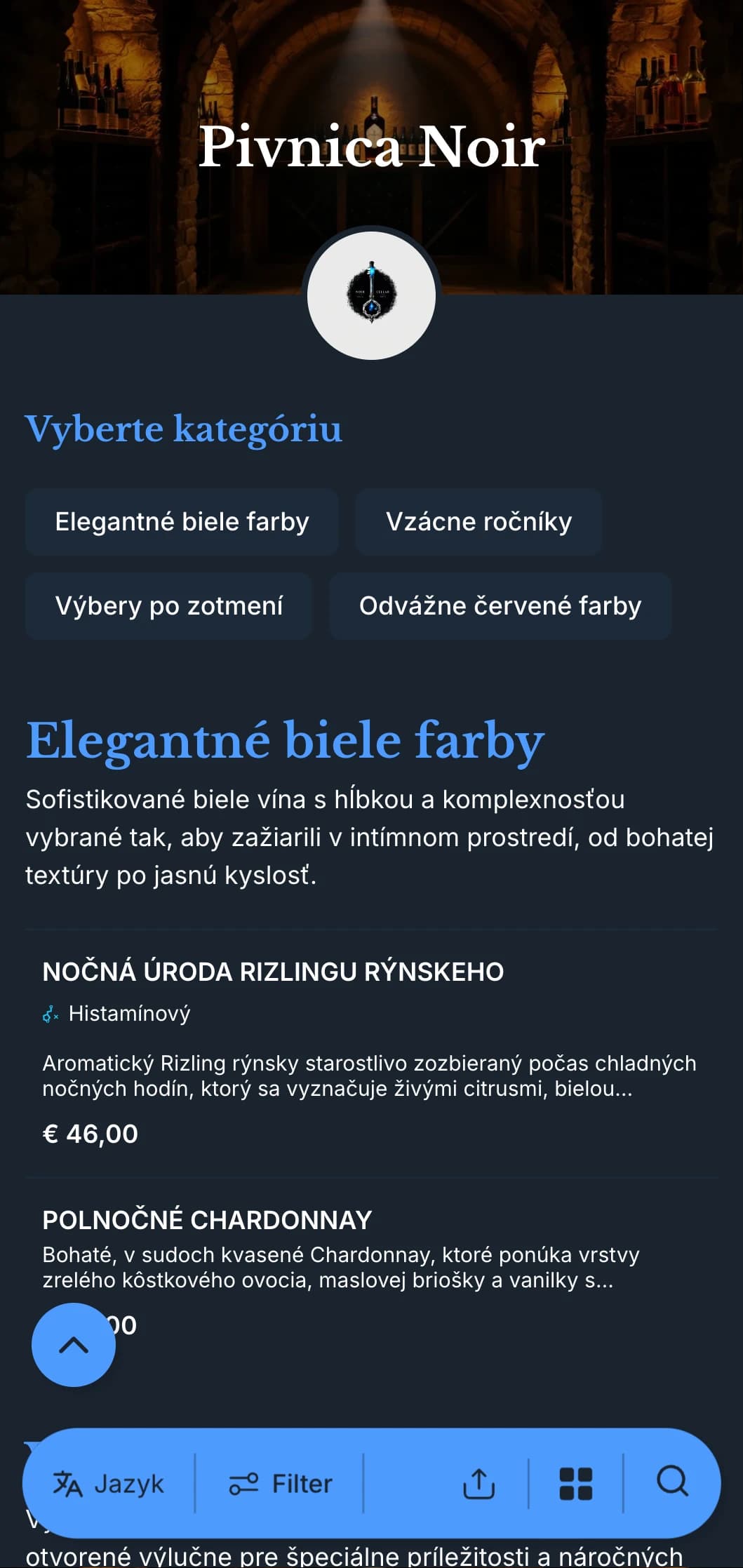Sofistikovaná šablóna vínneho lístka s tmavou tematikou s výraznými modrými akcentmi na hlbokom tmavomodrom pozadí, ideálna pre intímne vínne salóny a večerné podniky.