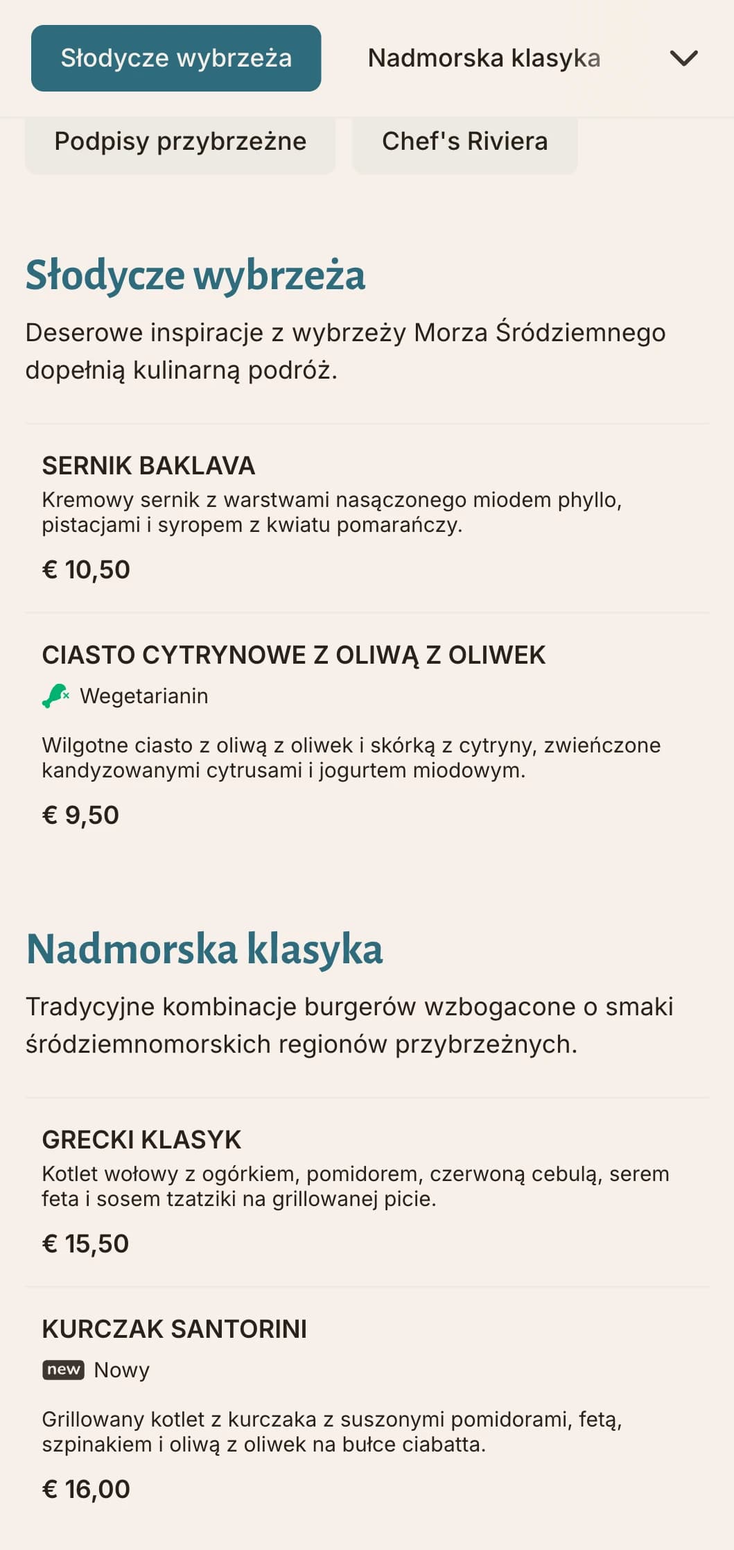 Inspirowane wybrzeżem menu burgerów ze śródziemnomorskimi niebieskimi akcentami i świeżymi składnikami.