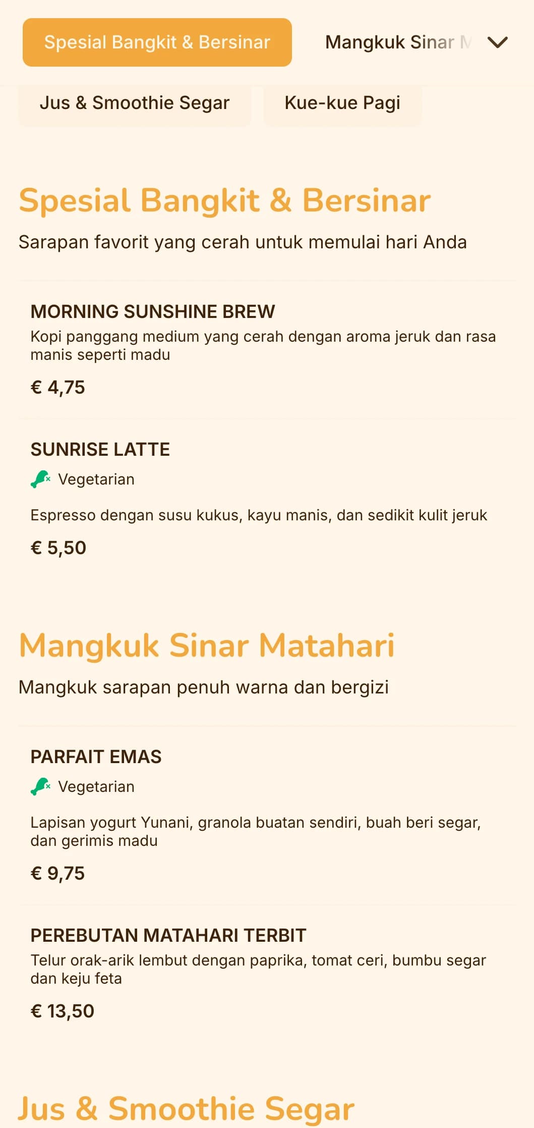 Desain kuning dan oranye yang ceria dengan elemen cerah untuk pengunjung sarapan dan tempat makan siang.