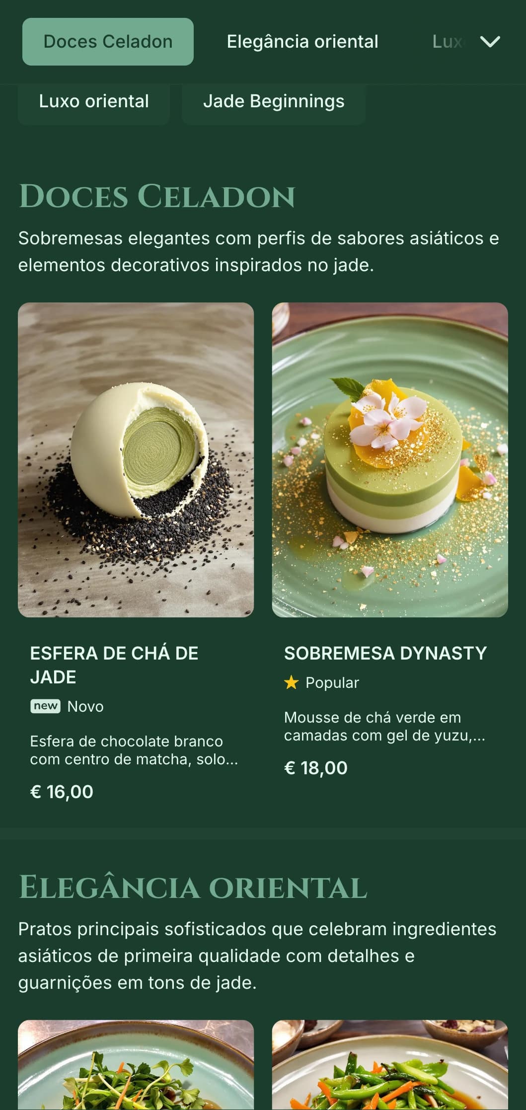 Conceito sofisticado de inspiração asiática, com tons de verde-jade e elementos orientais refinados.