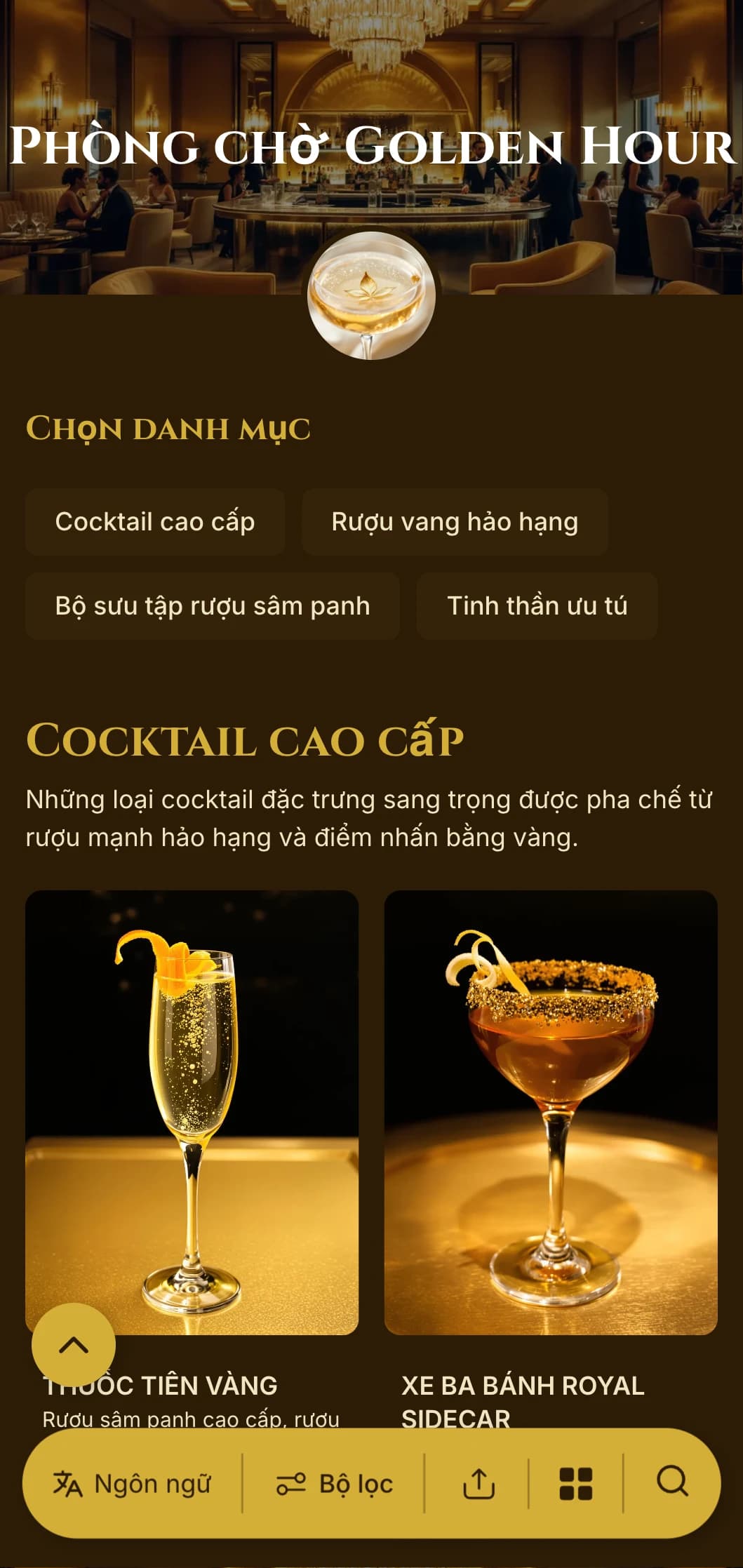 Thiết kế tông màu vàng sang trọng dành cho quầy bar cocktail cao cấp và phòng chờ VIP.