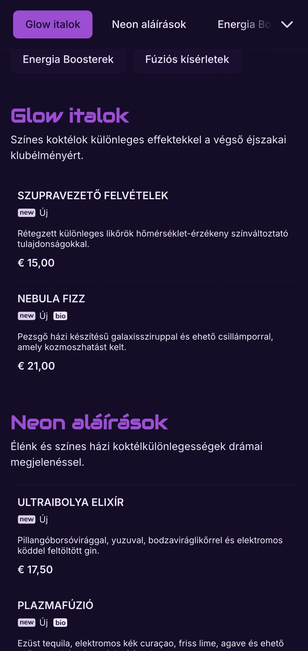 Kontrasztos lila és fekete design neon elemekkel a kortárs koktélbárok számára.