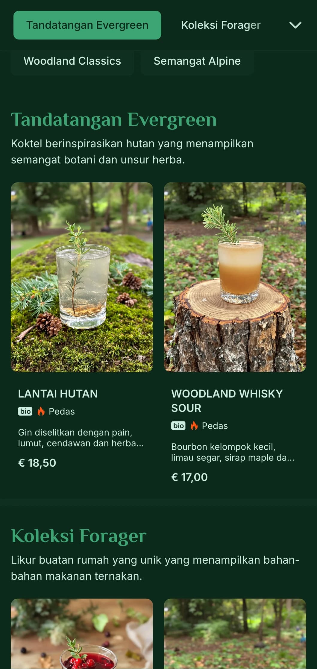 Reka bentuk hijau subur yang diilhamkan oleh hutan pain untuk bar yang dipengaruhi alam semula jadi.