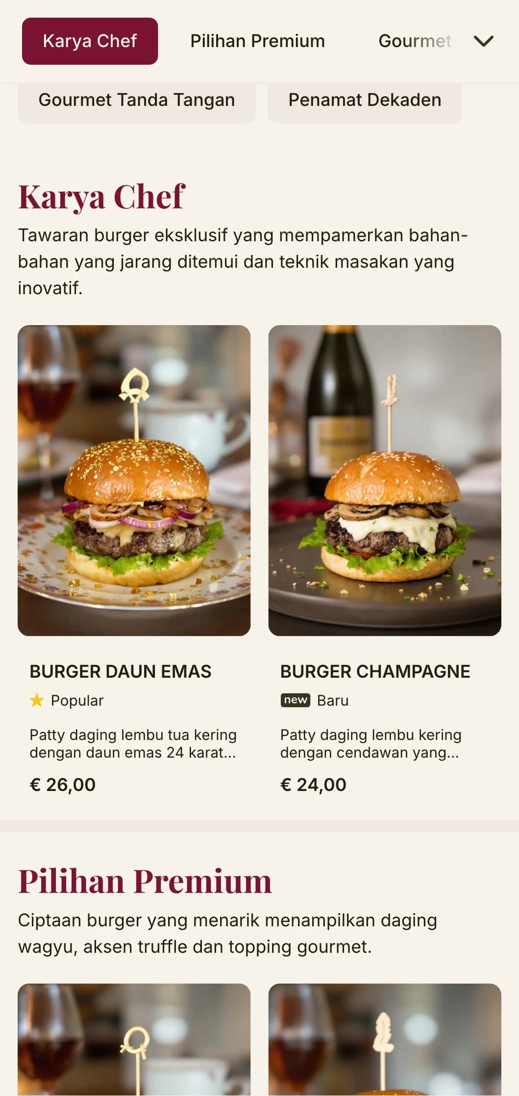 Makan burger yang tinggi dengan tipografi premium dan palet warna yang kaya untuk pengalaman burger kelas atas.