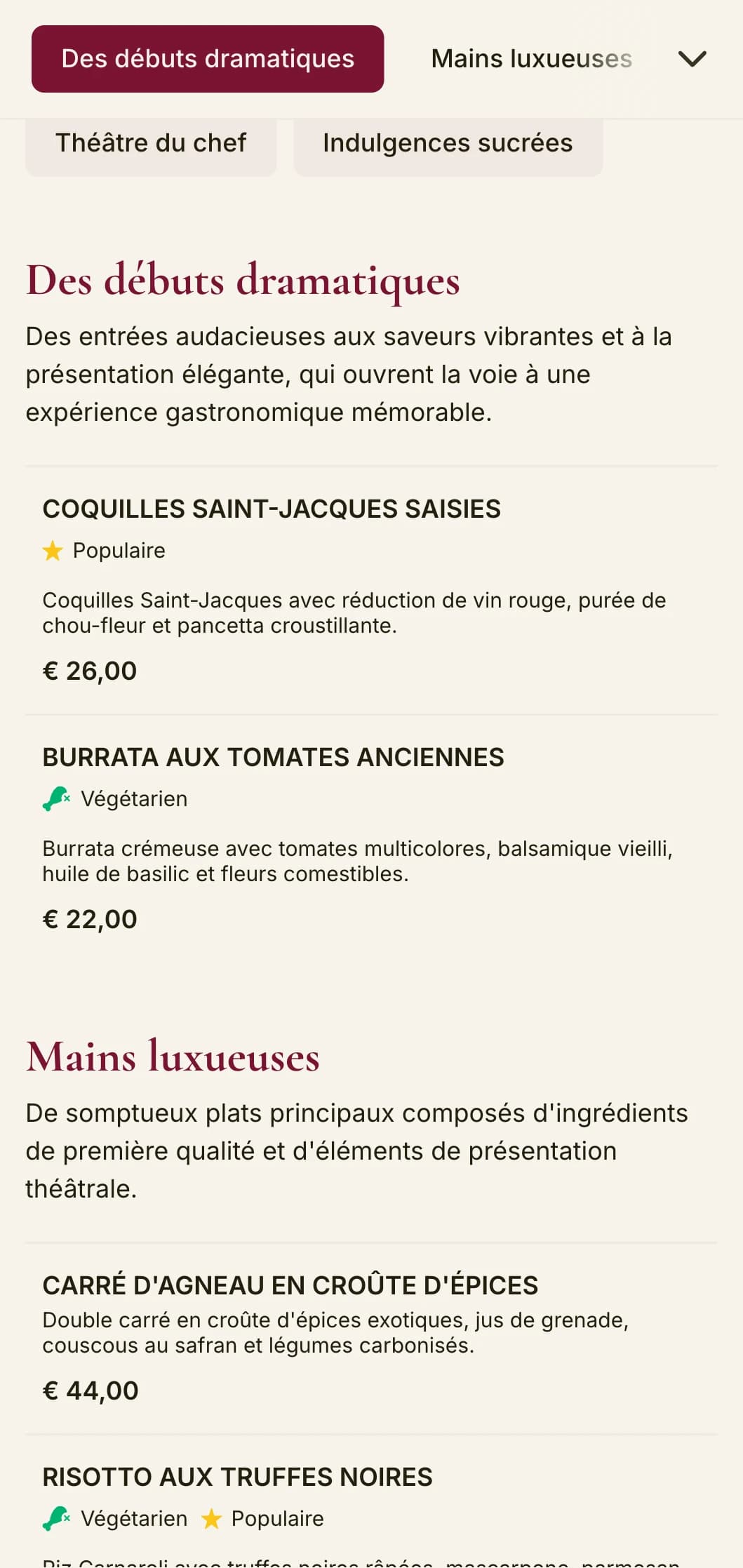 Un menu audacieux et dramatique, avec des tons rouges profonds et des éléments luxueux, conçu pour des lieux de restauration haut de gamme avec un flair théâtral.