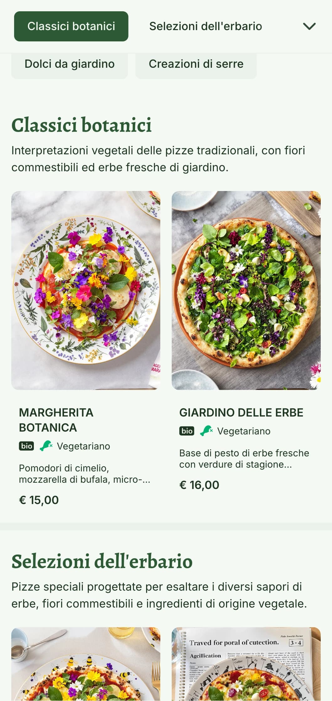 Menu per pizza a base vegetale con illustrazioni botaniche ed elementi di design naturale.