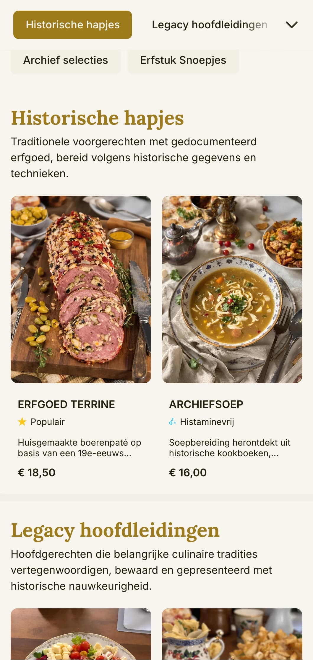 Historisch, erfgoedgericht lunchmenu-ontwerp met traditionele elementen en tijdloze typografie, geschikt voor bekende restaurants en etablissementen met een lange geschiedenis.
