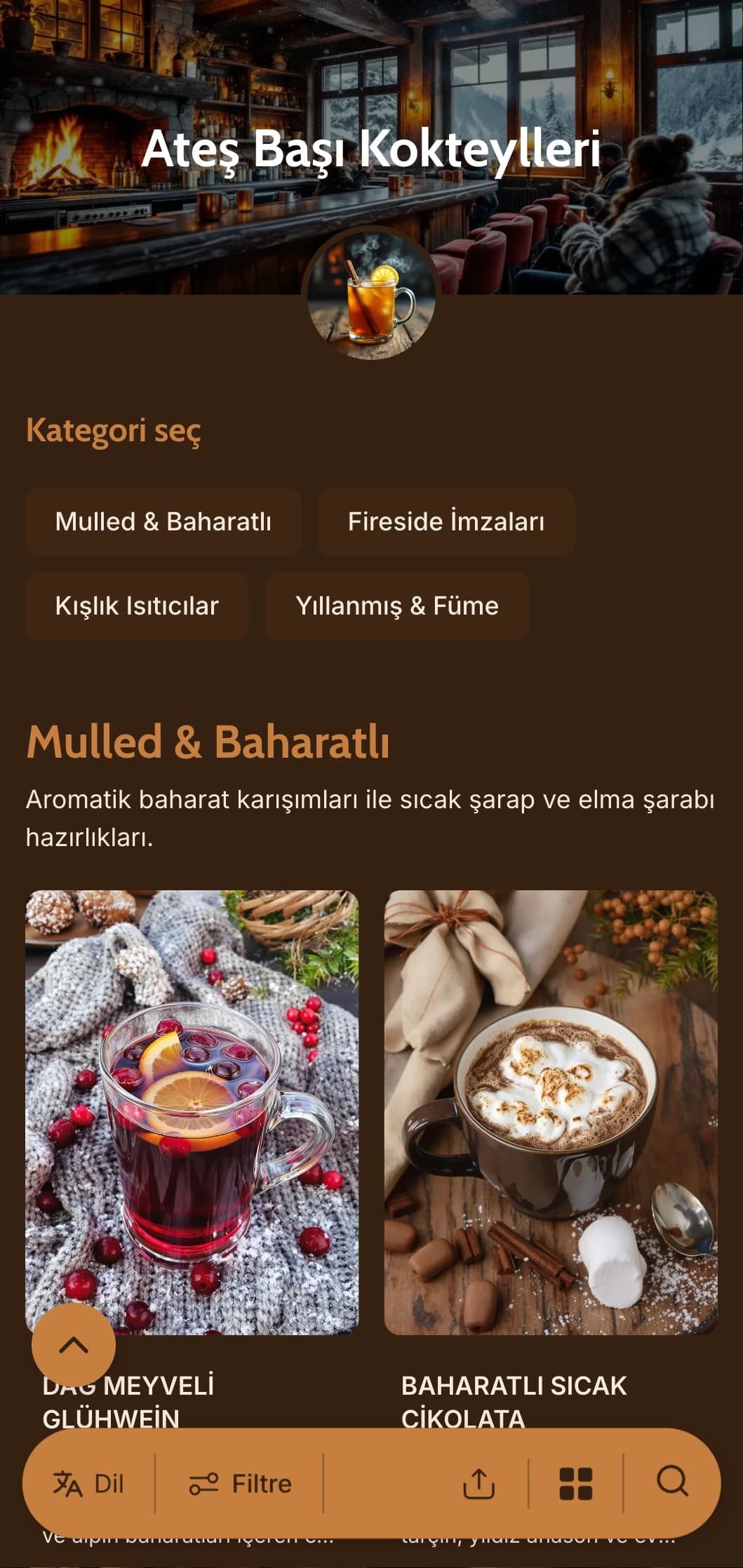Rahat kış barları için ateş ışığından ilham alan sıcak kehribar ve bakır tonları.