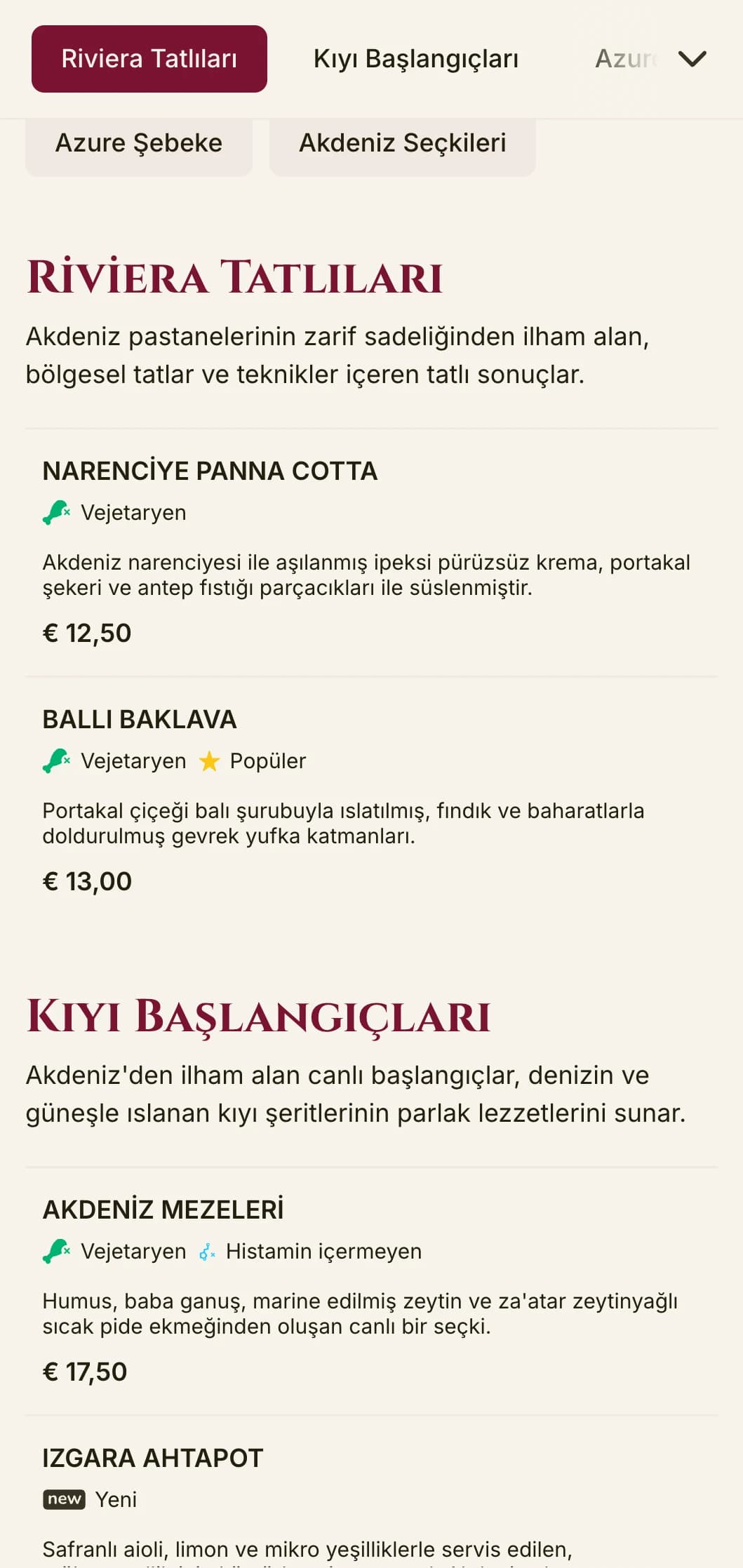 Canlı vurgulara ve zarif düzene sahip, Akdeniz esintili çarpıcı öğle yemeği menüsü tasarımı, lüks sahil restoranları ve tatil beldesi yemekleri için mükemmeldir.