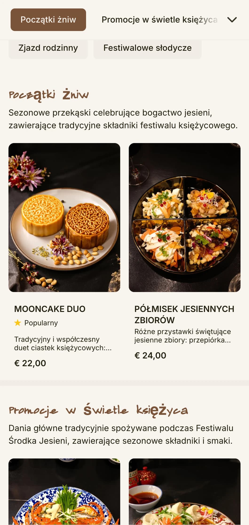 Eleganckie chińskie menu inspirowane Świętem Środka Jesieni, z motywami ciastek księżycowych i tradycyjnymi wzorami sezonowych specjałów.