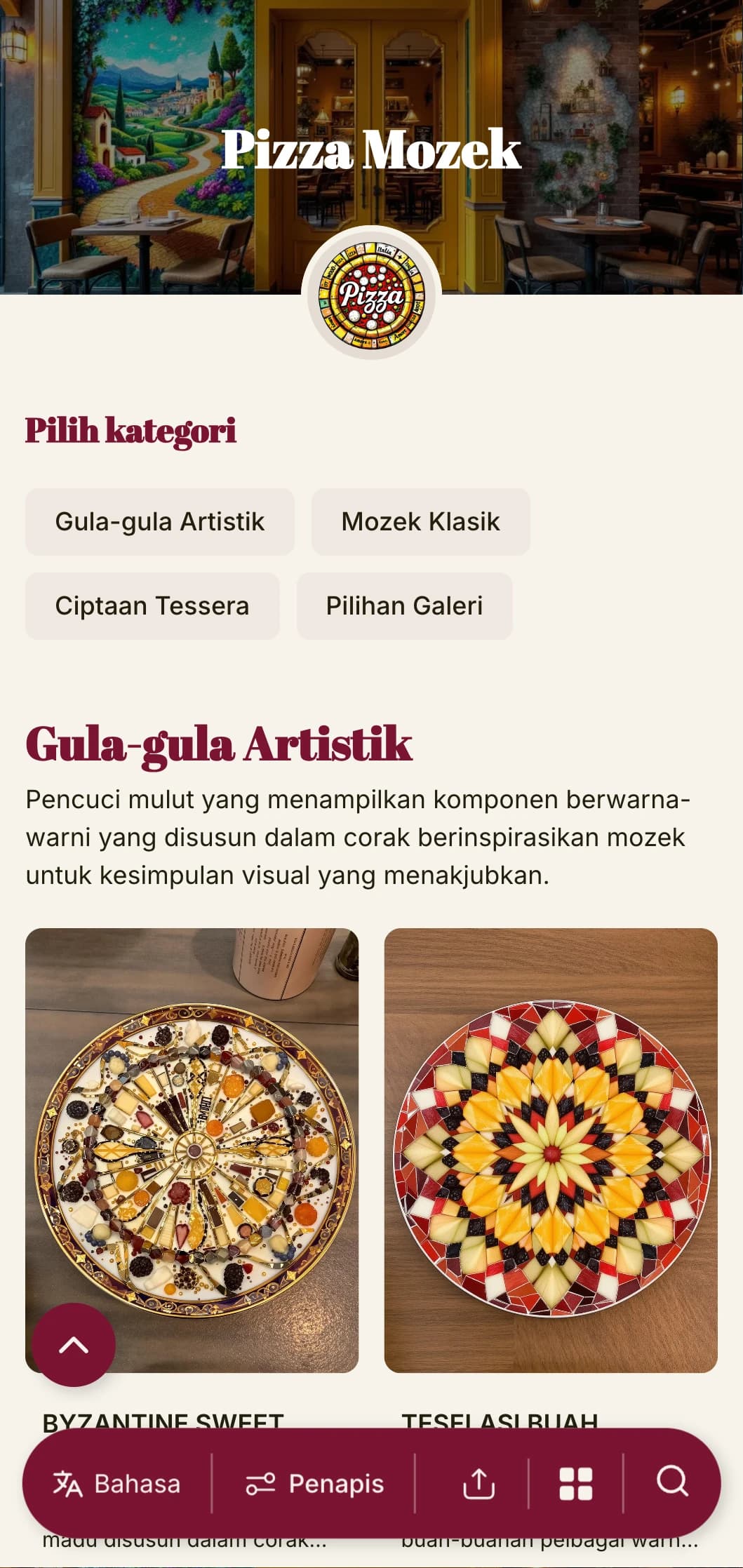 Menu piza artistik berwarna-warni yang diilhamkan oleh seni mozek Itali dengan unsur-unsur bersemangat.