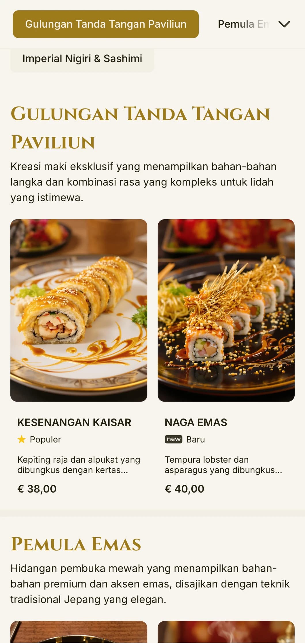 Menu sushi mewah beraksen emas yang terinspirasi dari kuil terkenal di Kyoto, dengan tipografi yang elegan dan elemen tradisional.