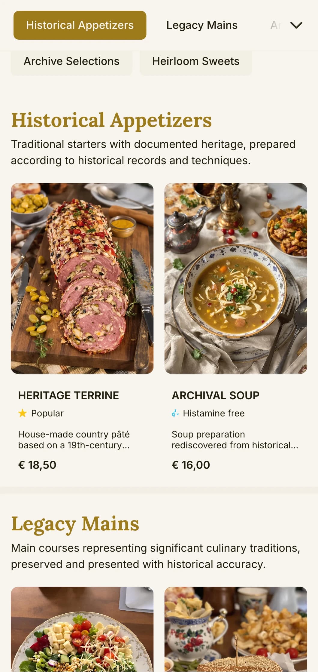 Historical, heritage-focused lunch menu design with traditional elements and timeless typography, suited for landmark restaurants and establishments with long histories.