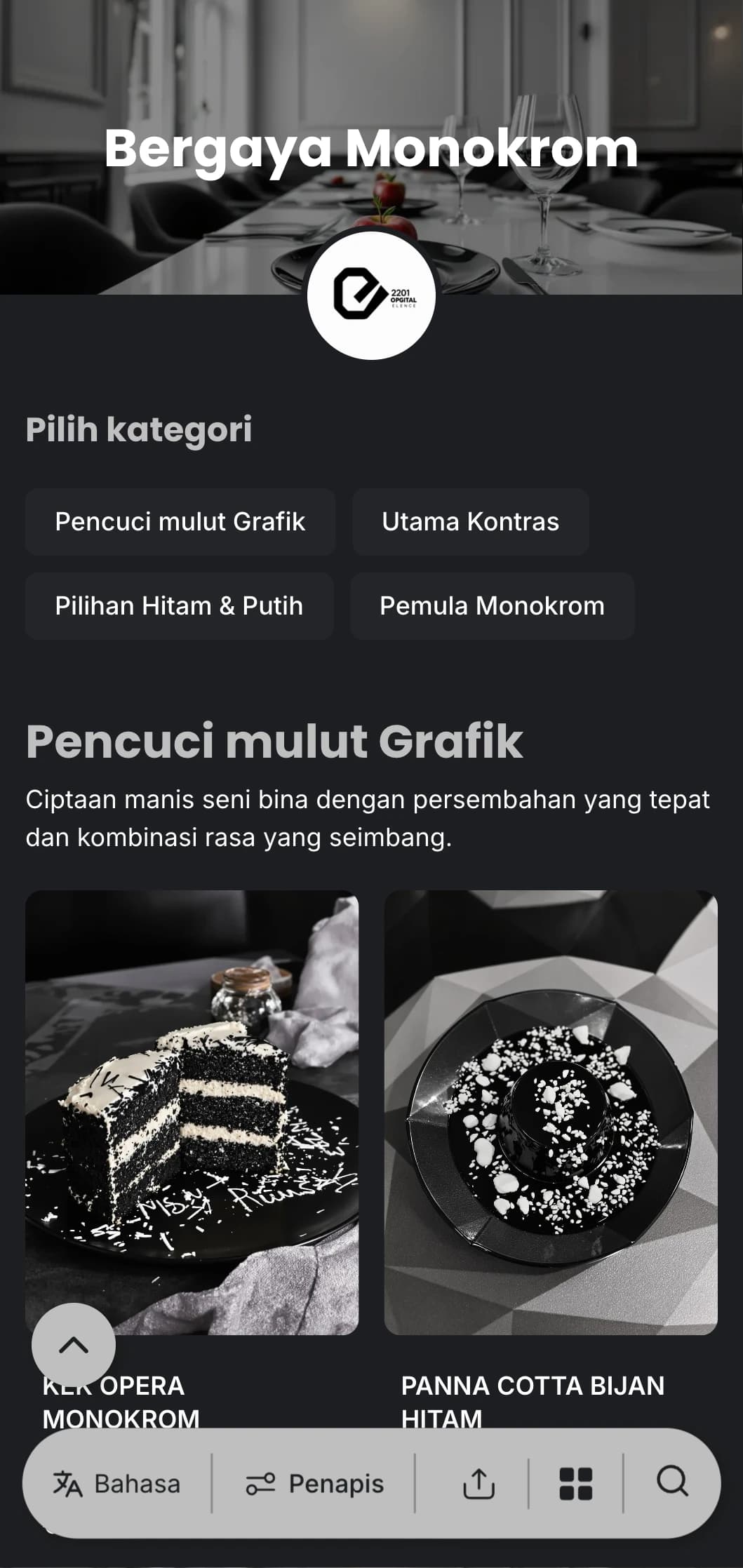Menu makan malam hitam putih yang canggih dengan tipografi tebal dan garis yang bersih, direka untuk santapan mewah kontemporari.