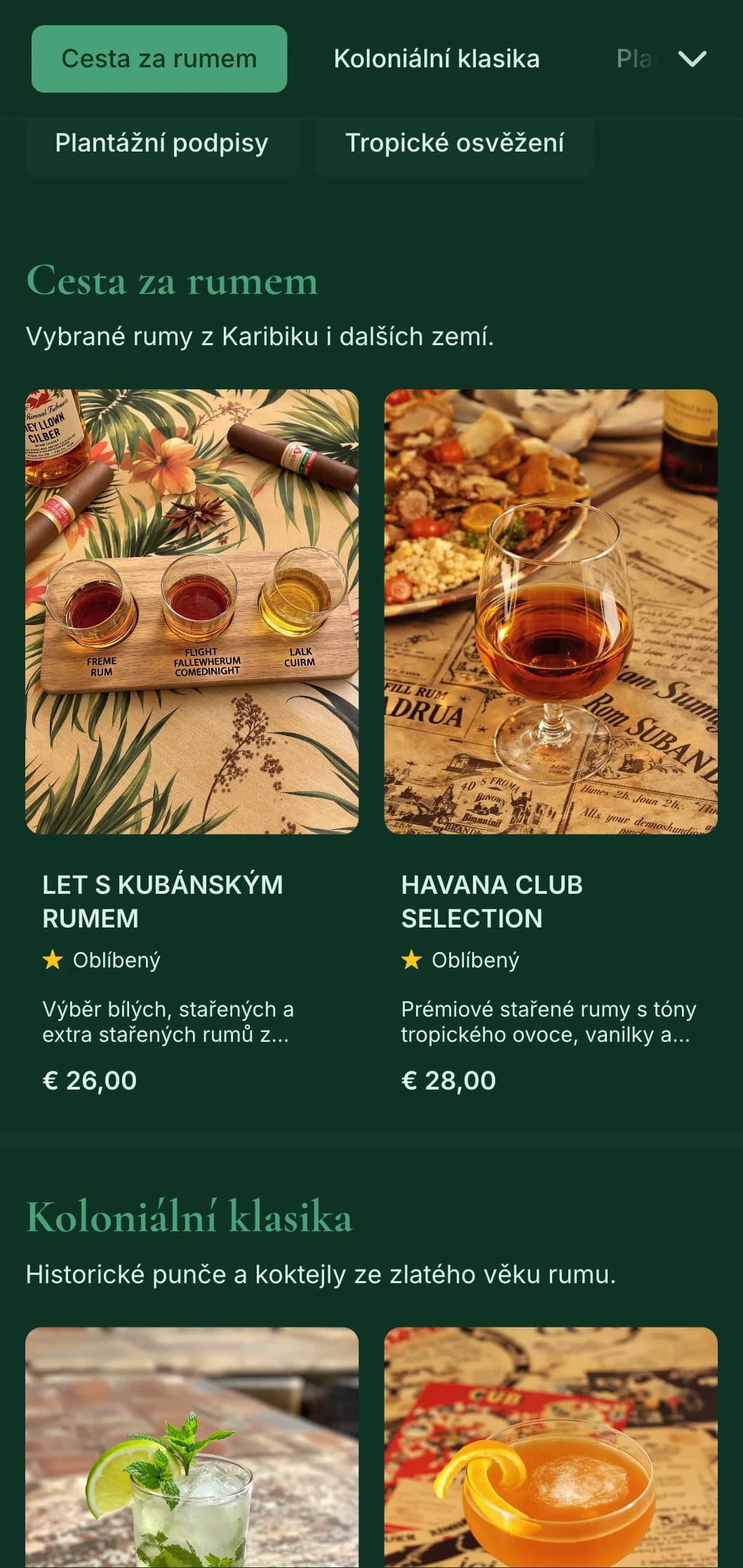 Sytě zelený design s historickými karibskými prvky pro bary zaměřené na rum.