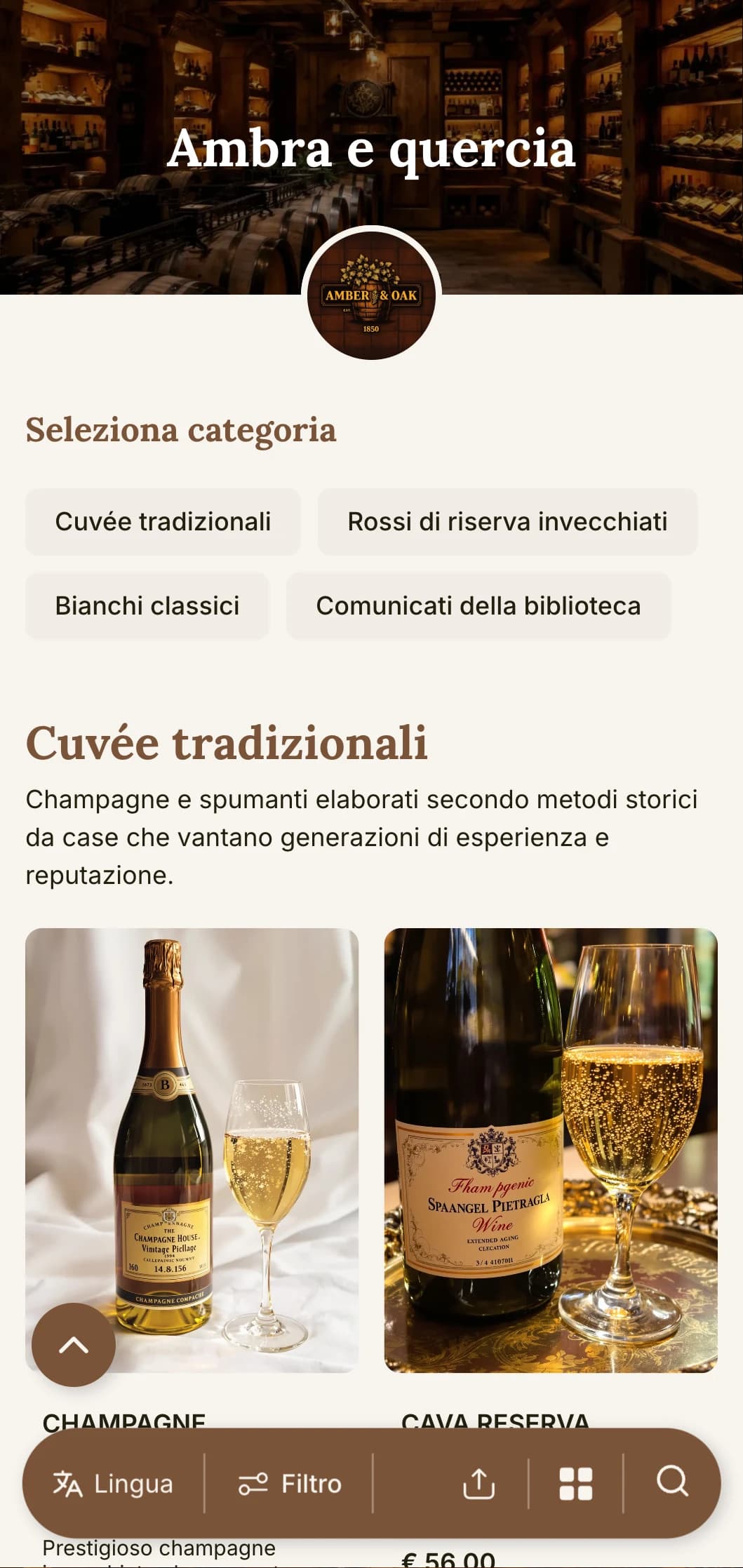 Modello di carta dei vini di gusto tradizionale con accenti di ambra e quercia, perfetto per cantine affermate e ristoranti storici con programmi di cantina.