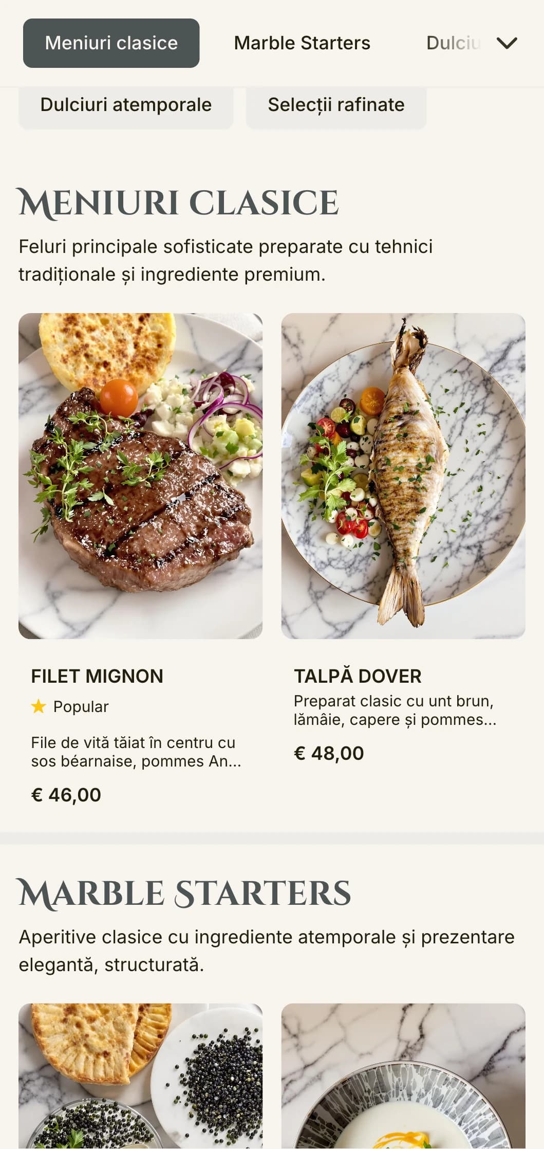 Un meniu de cină elegant, cu texturi de marmură și elemente de design clasic, perfect pentru unitățile de luat masa sofisticate.
