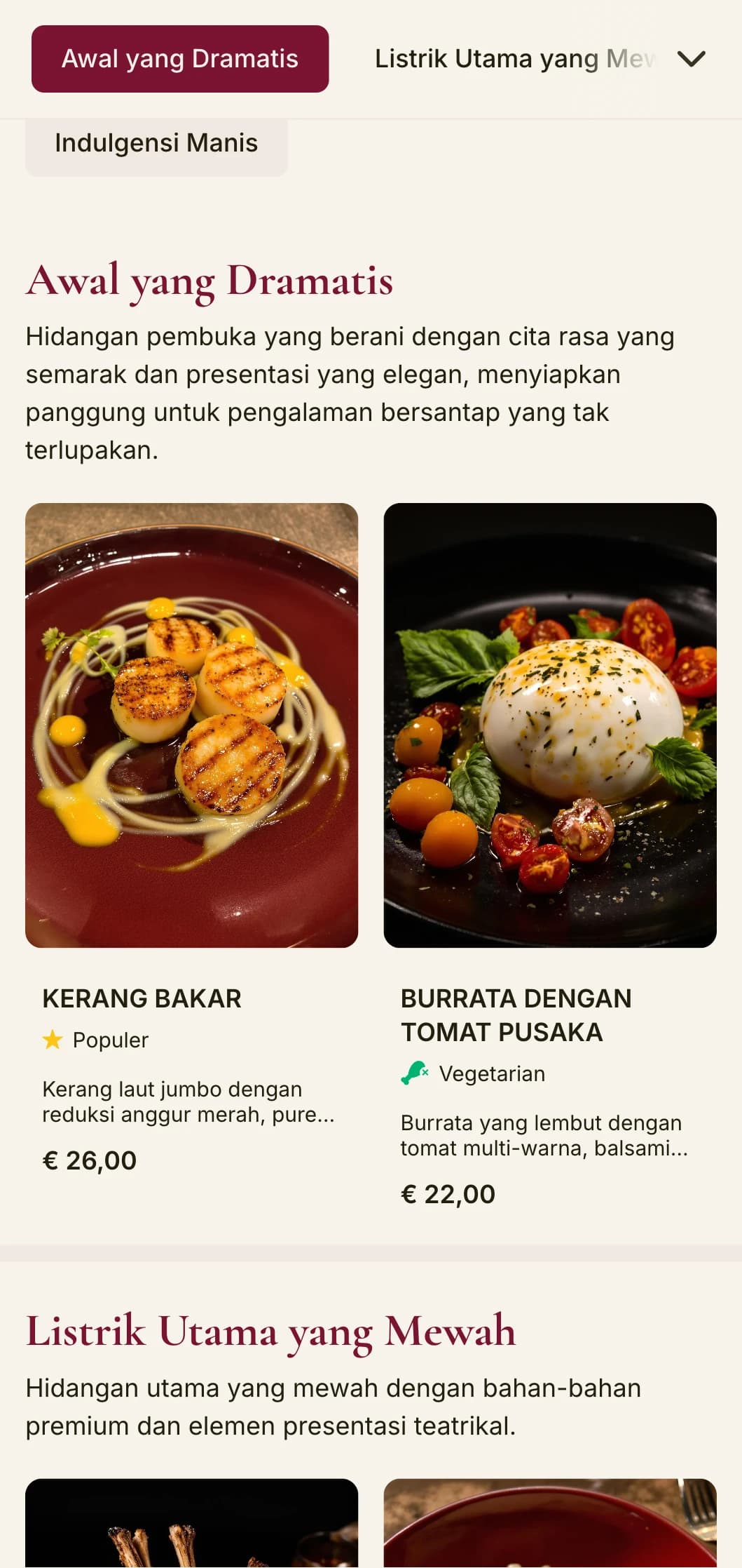 Menu makan malam yang berani dan dramatis yang menampilkan warna merah tua dan elemen mewah, dirancang untuk tempat makan kelas atas dengan sentuhan teatrikal.