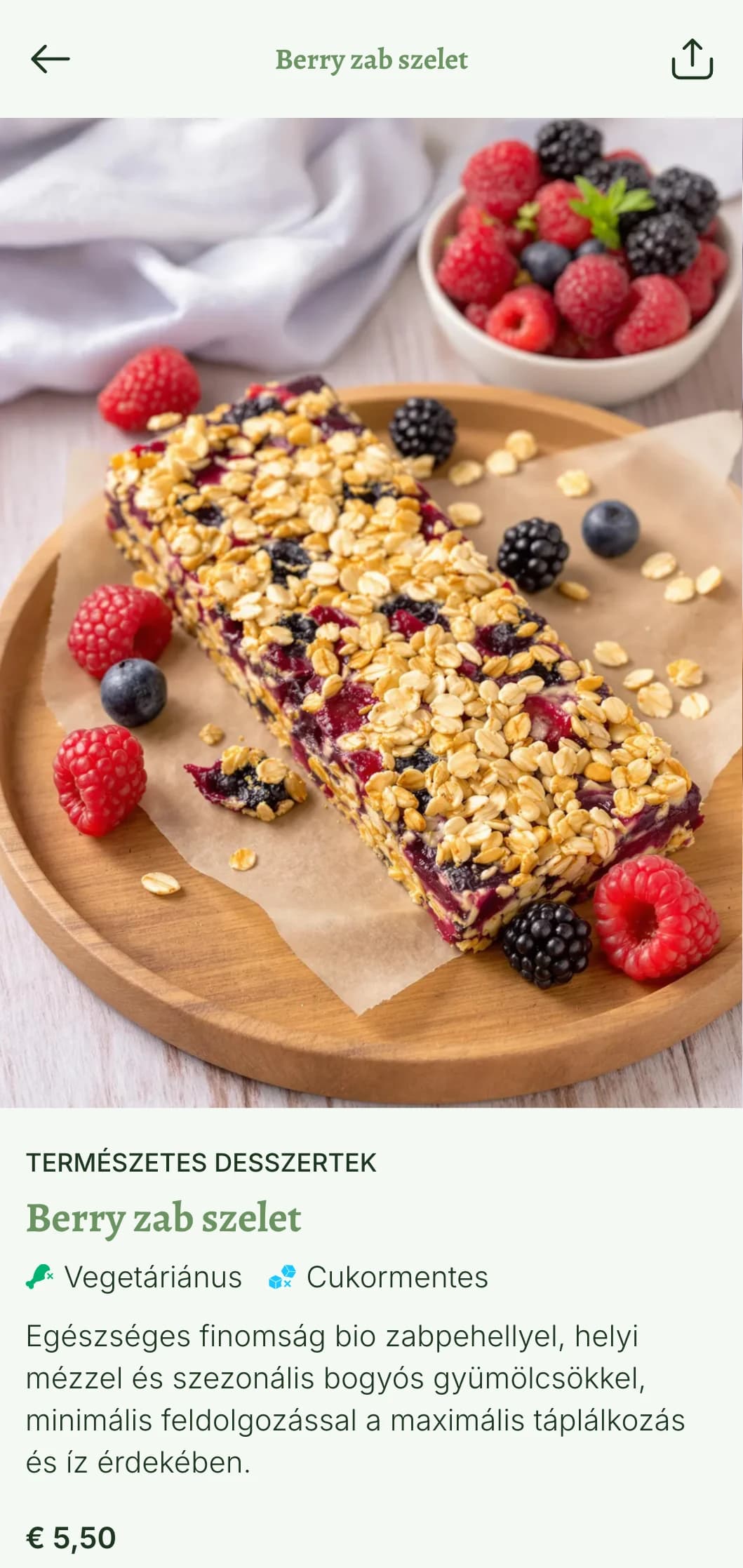 Friss, természet ihlette pékségi menüterv levélzöld tónusokkal és organikus tipográfiával, ideális bio pékségek és egészségközpontú üzletek számára.