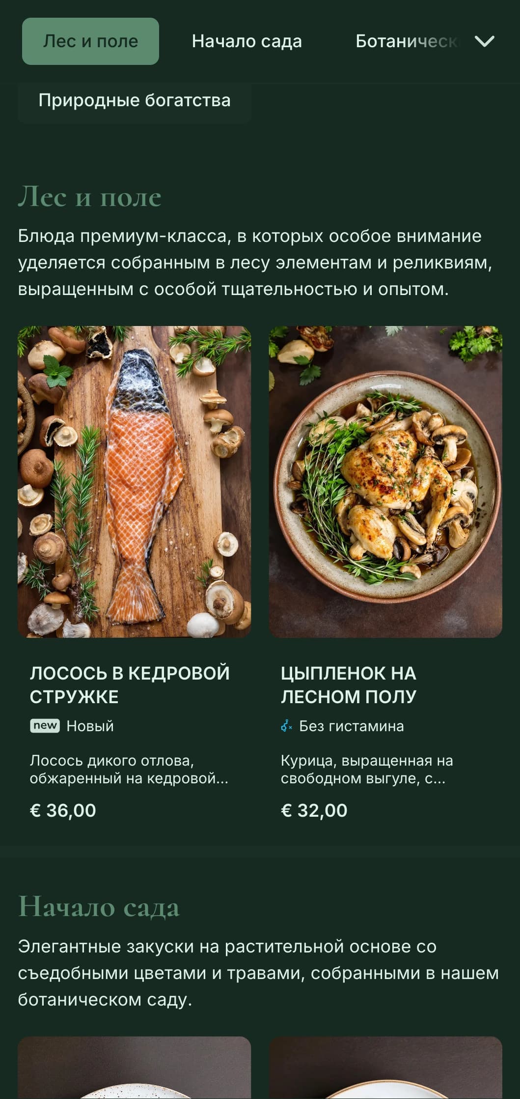 Изысканная природная элегантность с ботаническим влиянием, идеально подходящая для высококлассных ресторанов, где подают блюда из продуктов с фермы, а также для изысканных блюд, вдохновленных садом.