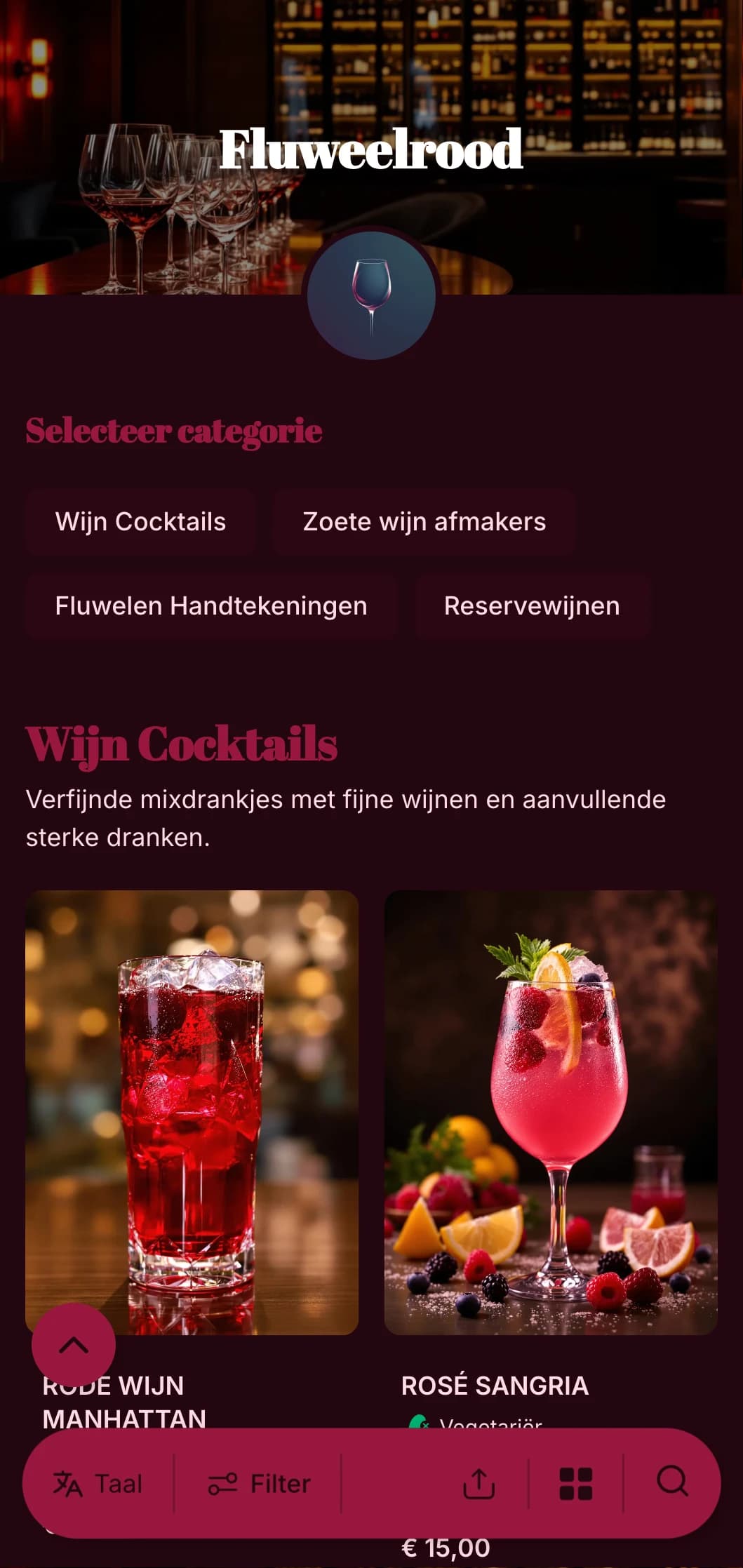 Een luxueus, dramatisch ontwerp voor chique wijnbars en lounges met rijke rode tinten en gedurfde typografie.