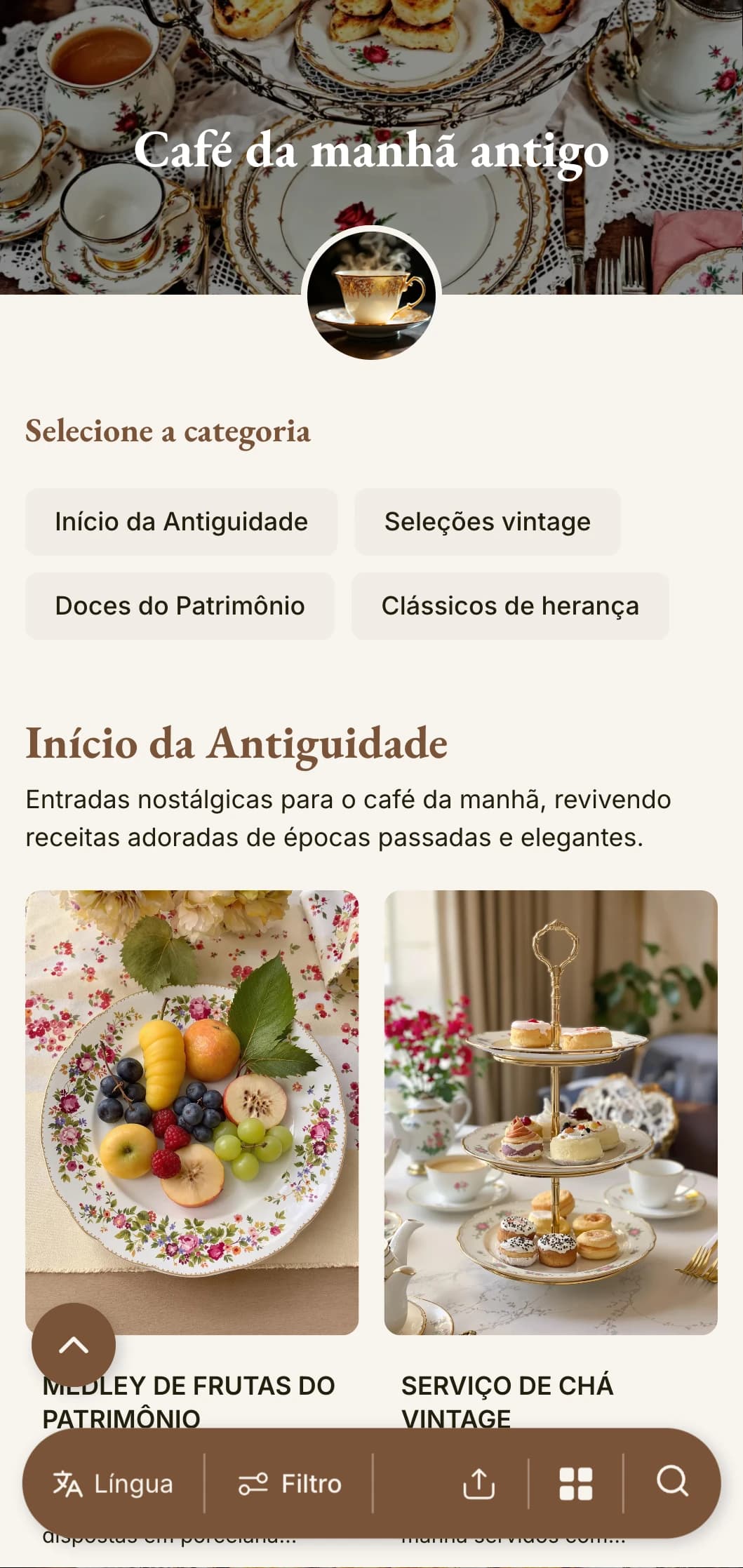 Seleções matinais nostálgicas inspiradas em receitas antigas, apresentadas com charme vintage e elegância clássica.