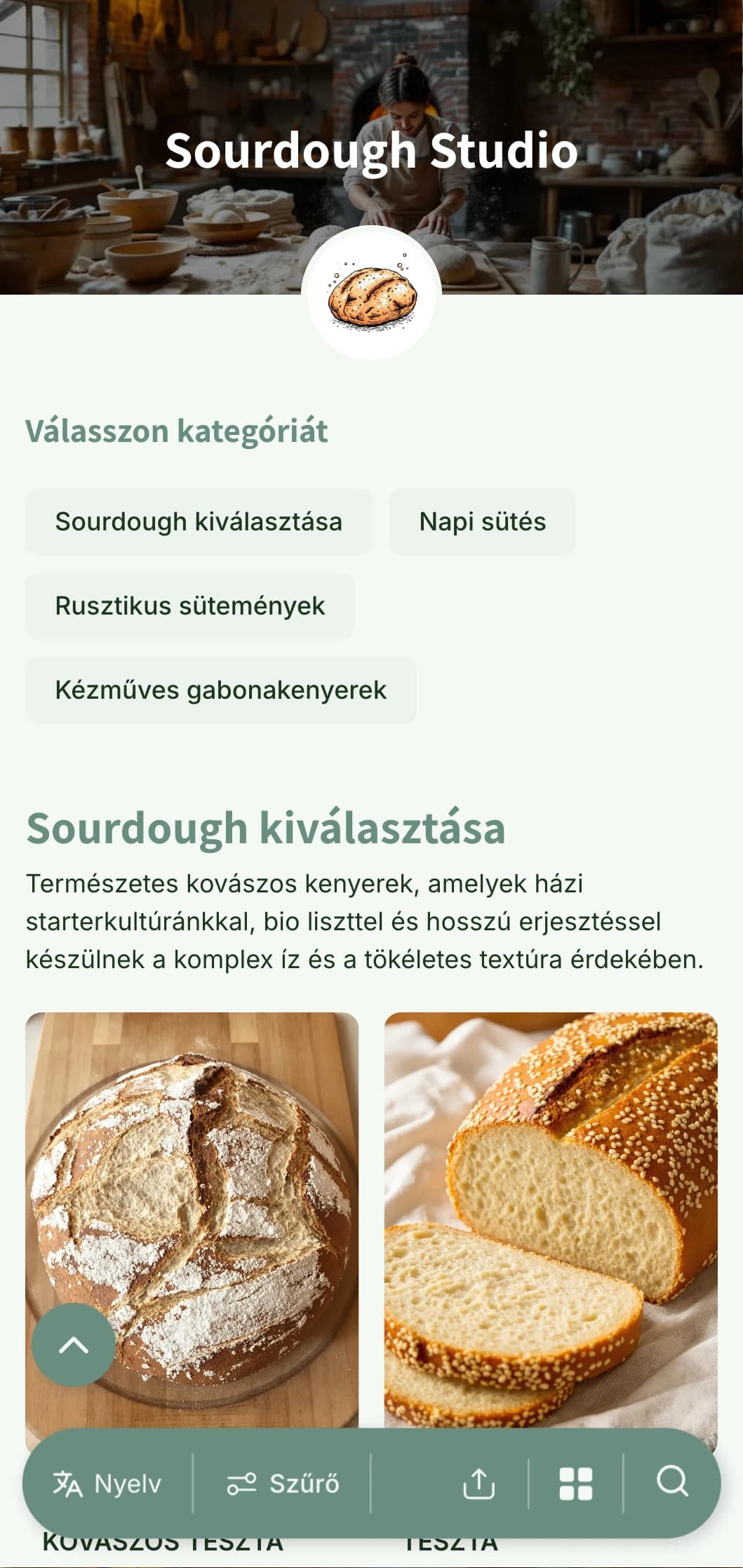 Rusztikus, mégis kifinomult pékségi menüterv földes zöld tónusokkal és kézműves tipográfiával, amely tökéletes a kovászos tészta specialisták és kézműves pékségek számára.