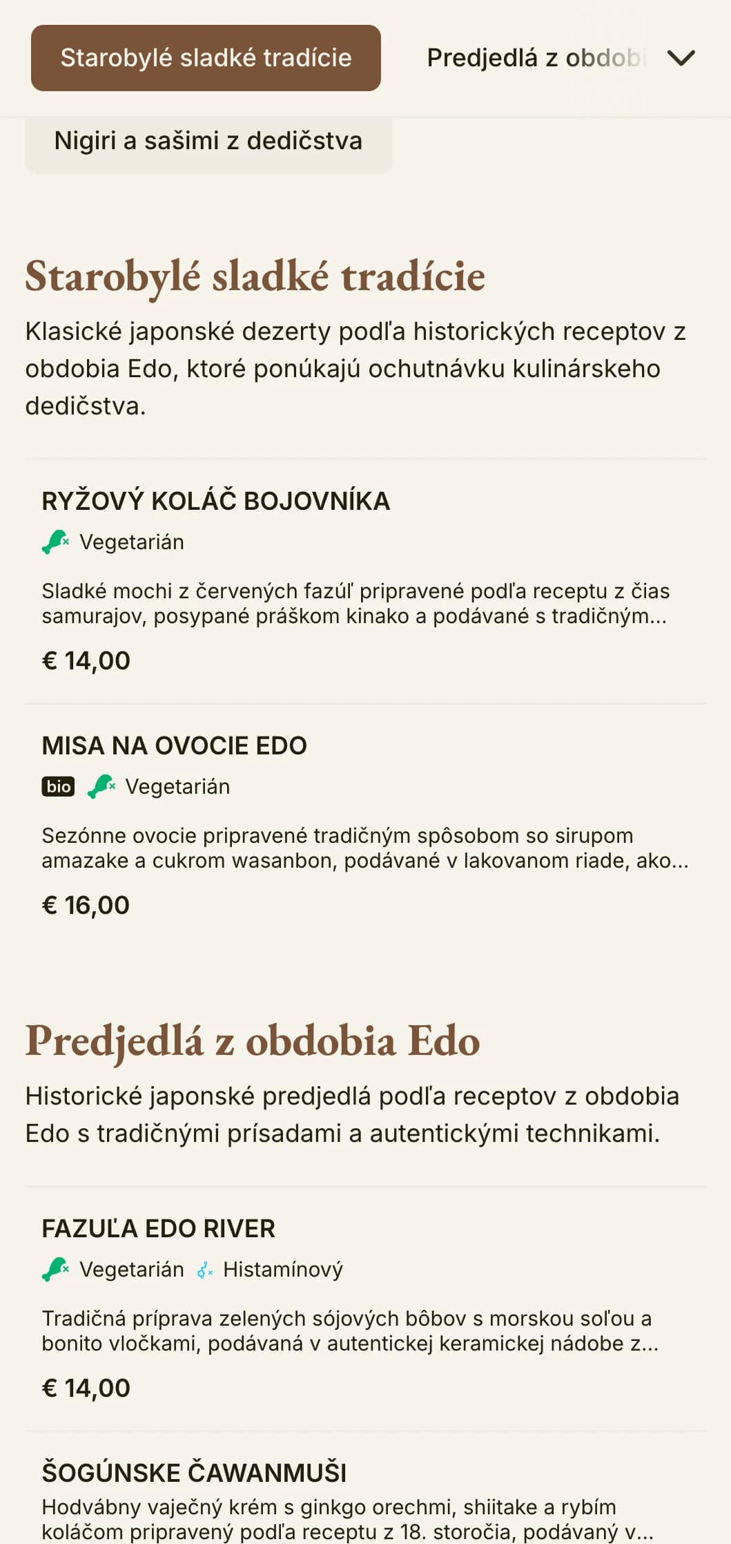 Historické menu sushi inšpirované Japonskom s tradičnou estetikou obdobia Edo a klasickou typografiou.