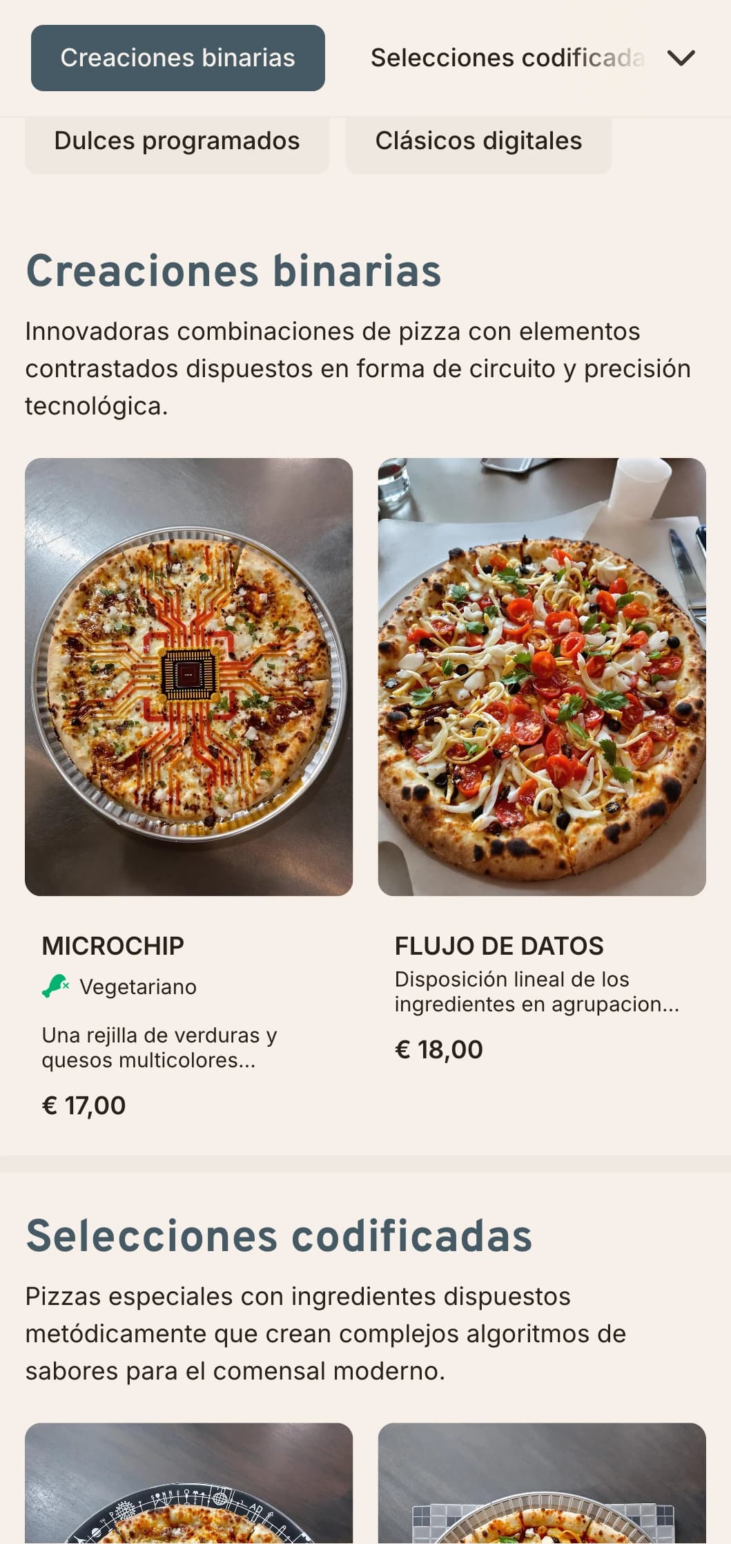 Carta de pizzas de inspiración tecnológica con estética de placa de circuitos para locales contemporáneos.