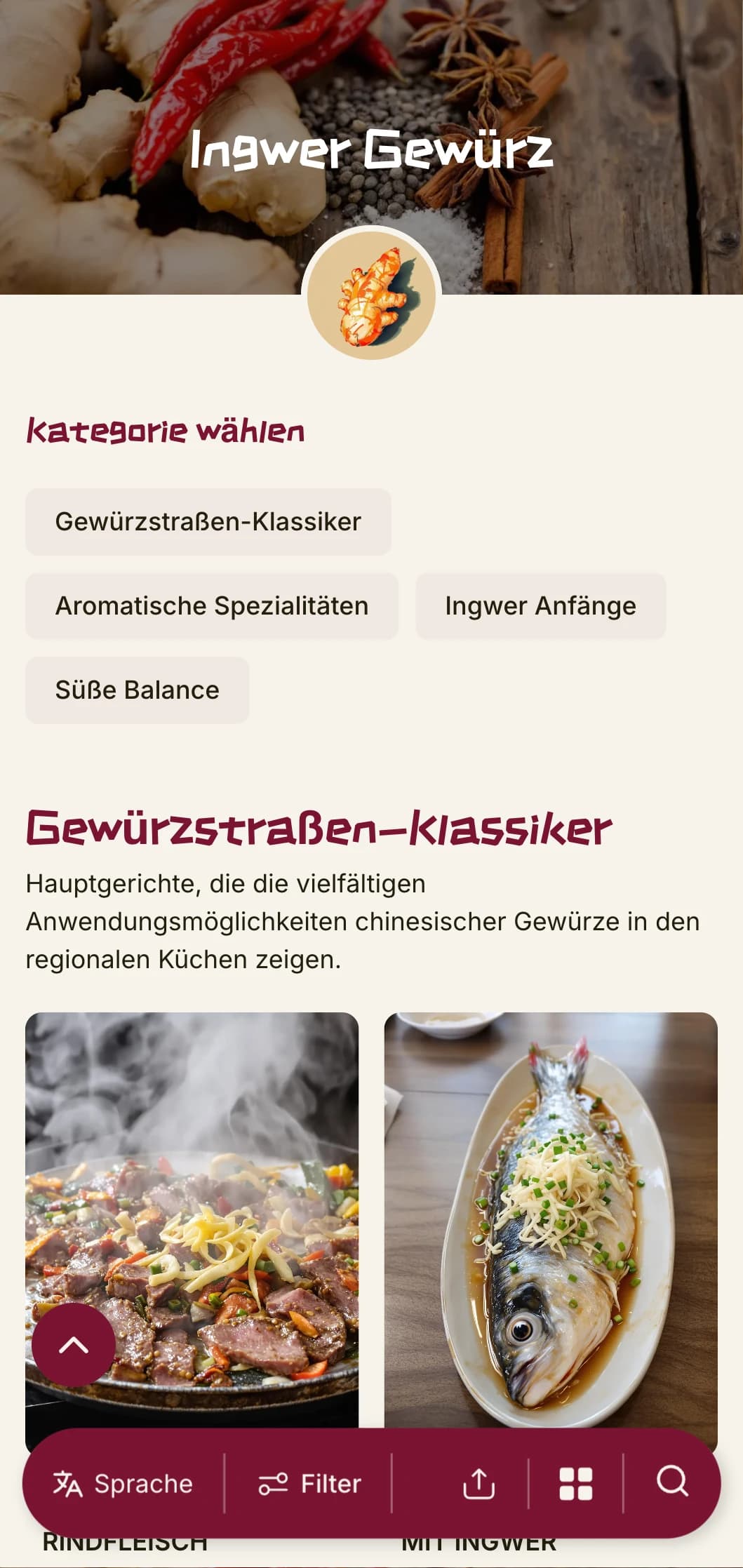 Lebendiges chinesisches Menüdesign, inspiriert von Ingwer- und Gewürztraditionen, mit kühnen Elementen für authentische regionale Küche.