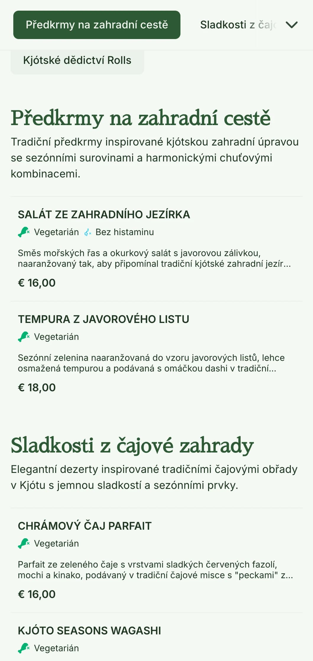 Tradiční sushi menu inspirované japonskou zahradou s klidnými zelenými tóny a klasickými prvky.
