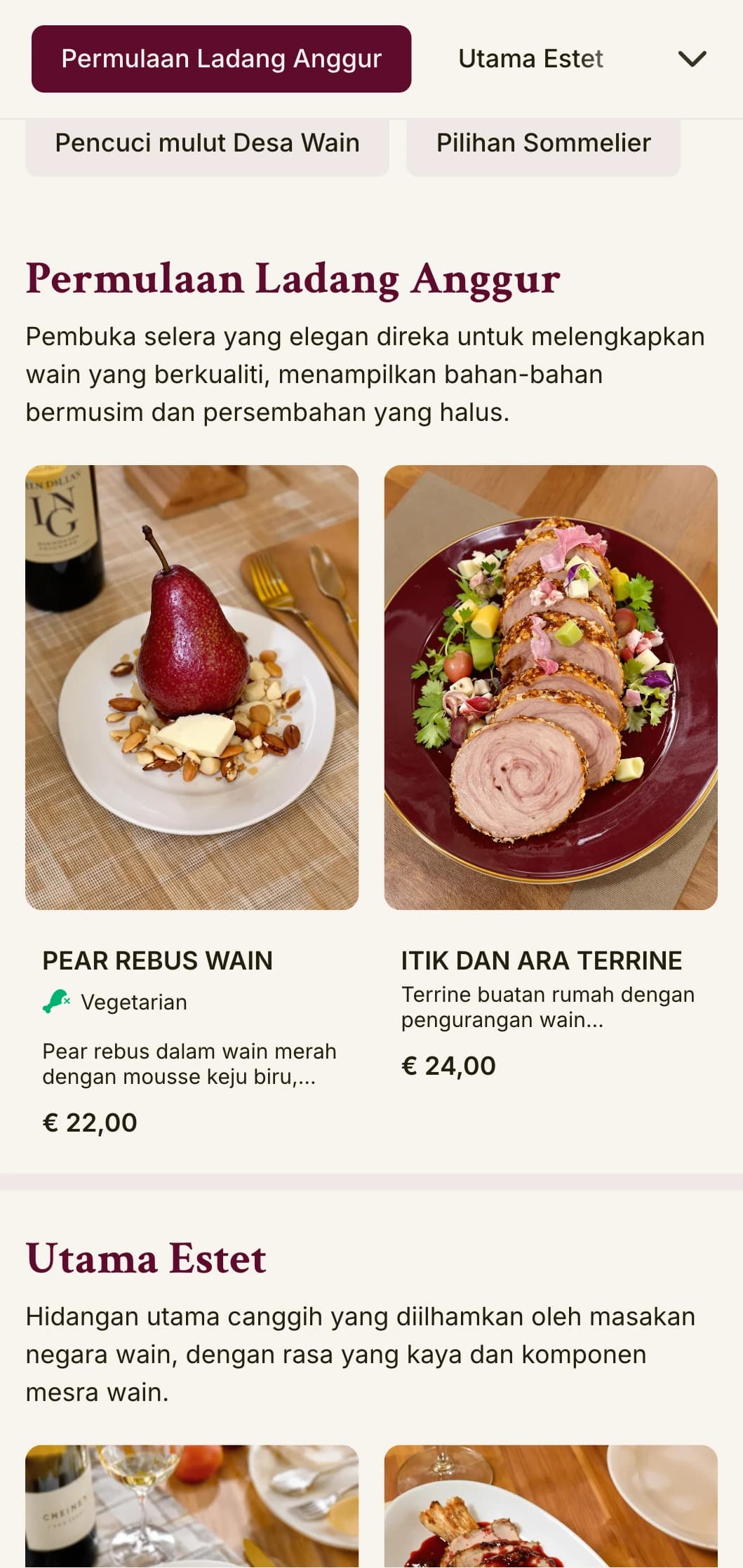 Menu makan malam yang canggih dengan warna yang diilhamkan oleh wain dan tipografi yang elegan, direka untuk pertubuhan dengan program wain yang meluas.