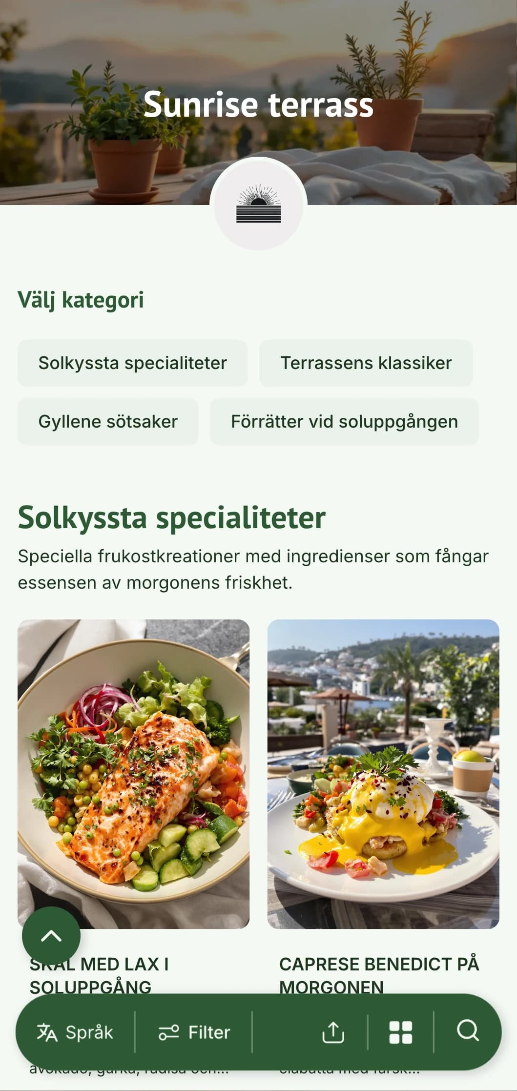 Ljus, uppfriskande frukostmeny utformad för morgonmål utomhus med färska, säsongsbetonade ingredienser.