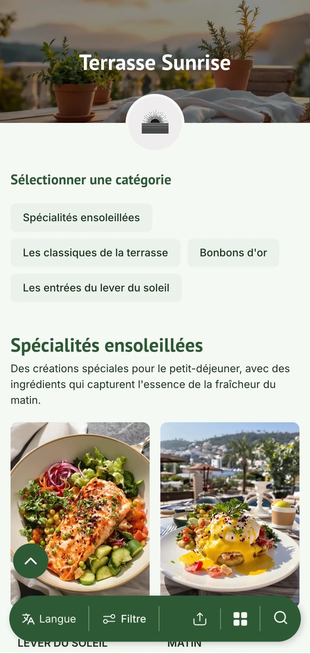 Menu de petit-déjeuner clair et rafraîchissant, conçu pour les repas du matin en plein air, avec des ingrédients frais et de saison.