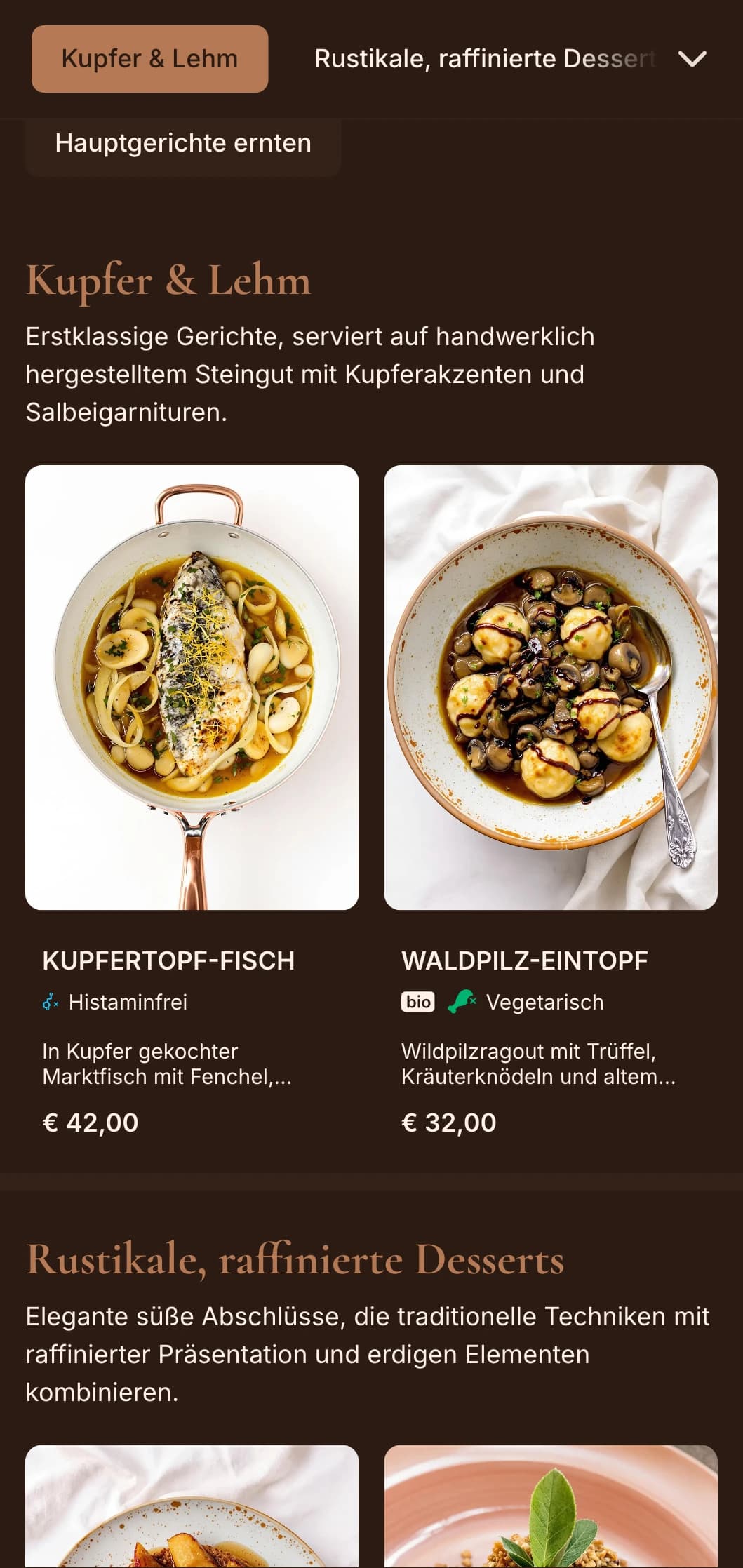 Raffinierte rustikale Eleganz mit warmen Kupfertönen und salbeifarbenen Akzenten, perfekt für anspruchsvolle Farm-to-Table- und saisonale Feinkost.