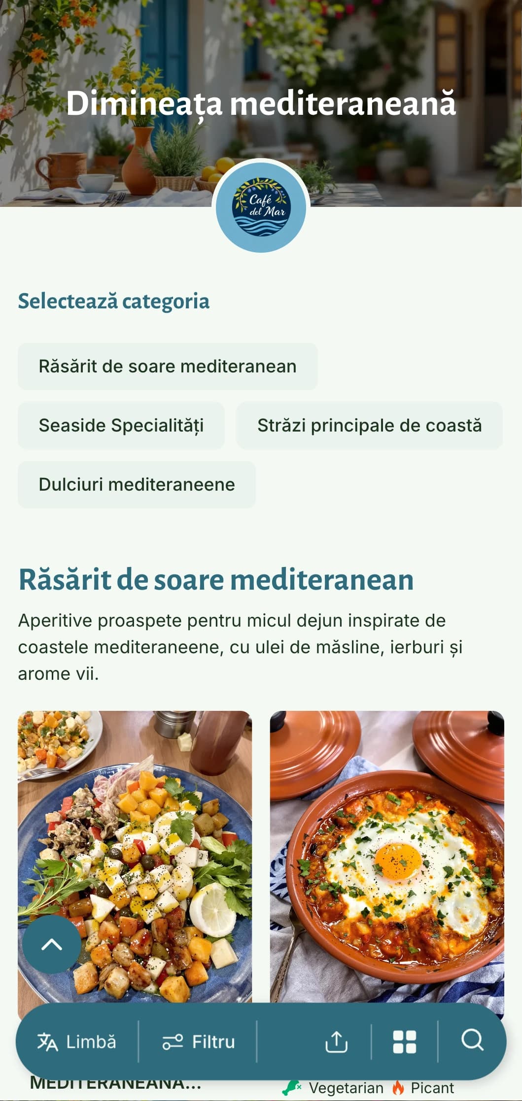 Șablon de brunch luminos, aerisit, cu influențe mediteraneene, perfect pentru cafenelele care oferă mâncăruri sănătoase pentru micul dejun, pe bază de ulei de măsline.