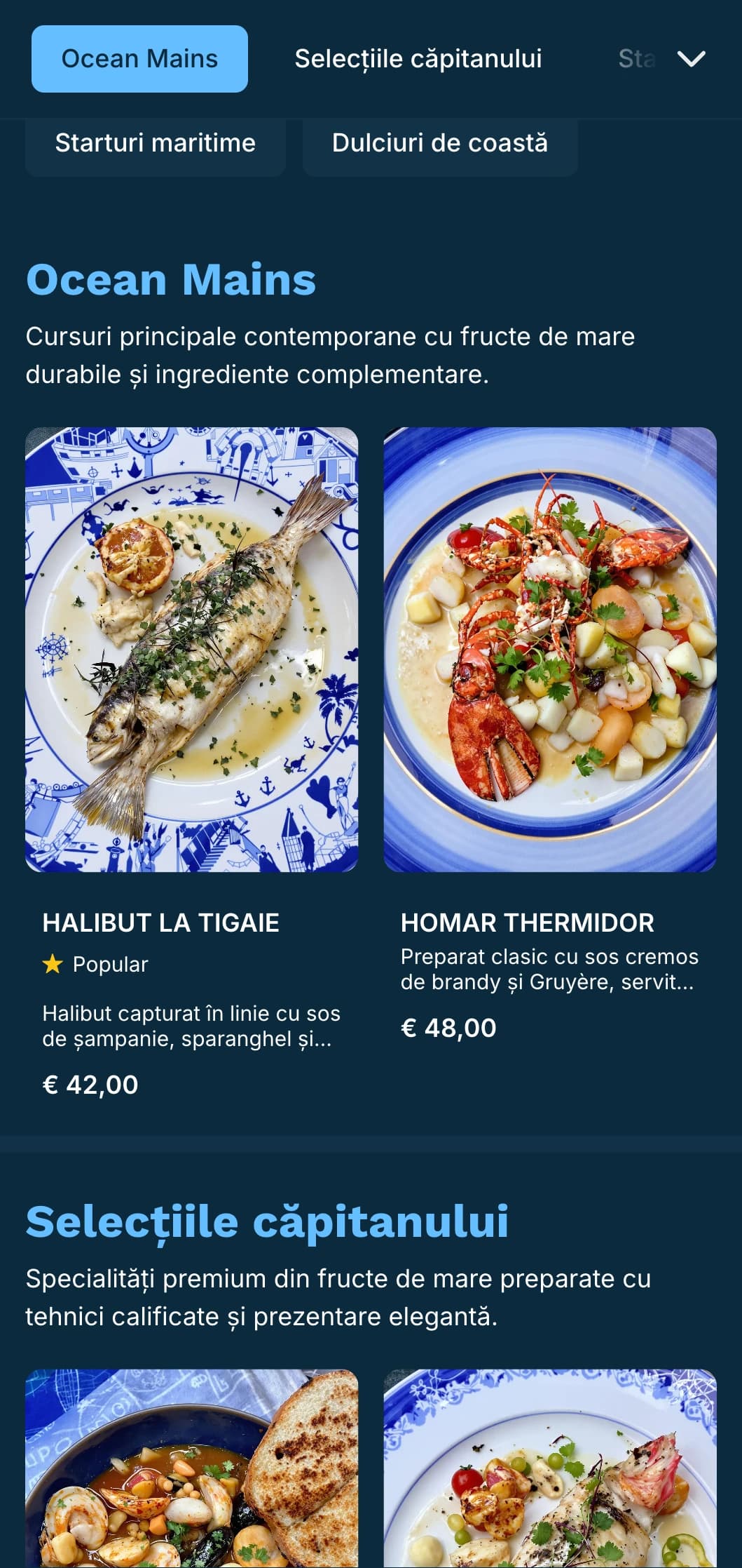 Un meniu de cină clar, în tonuri albastre, cu influențe nautice, perfect pentru restaurantele cu fructe de mare de lux.