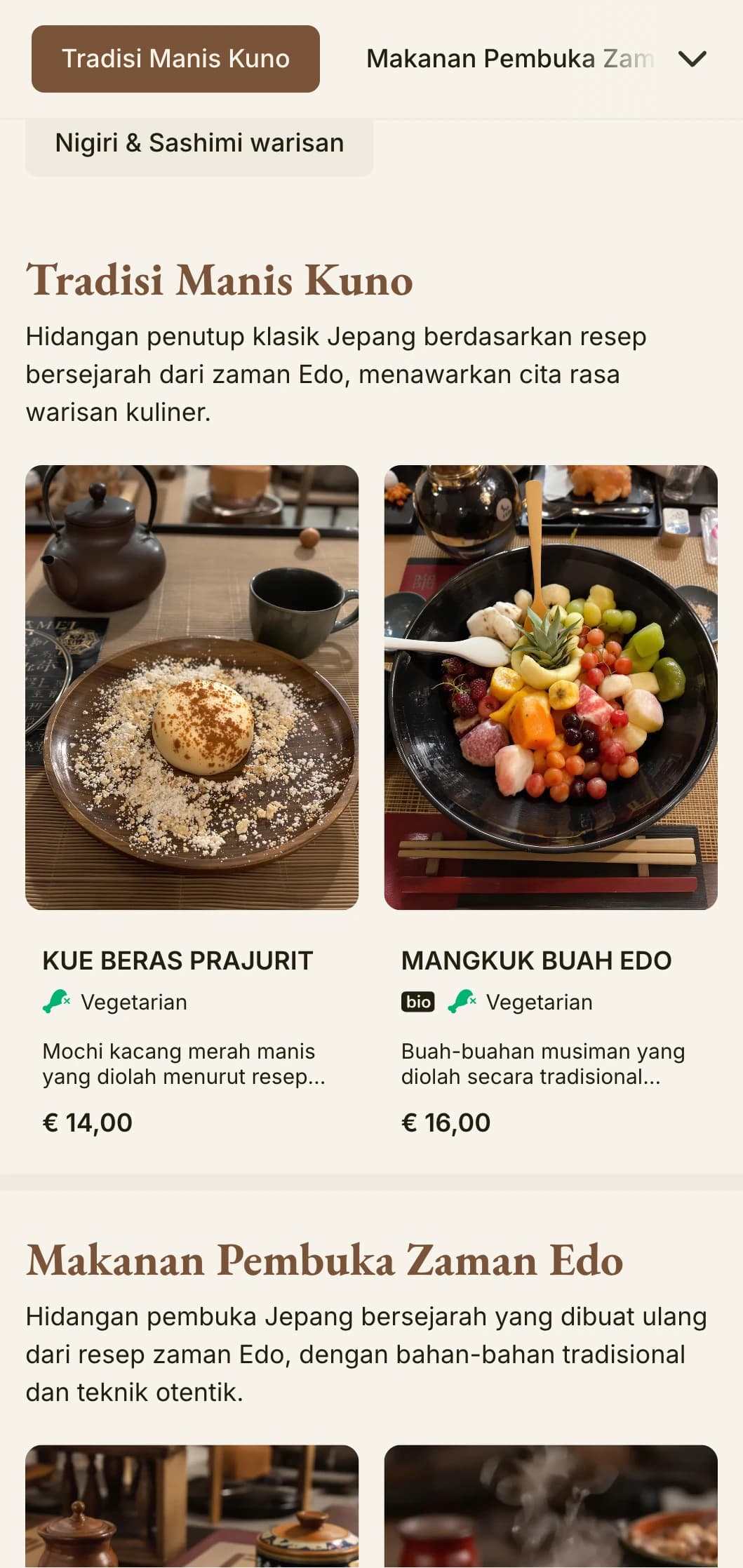 Menu sushi yang terinspirasi dari sejarah Jepang yang menampilkan estetika tradisional zaman Edo dengan tipografi klasik.