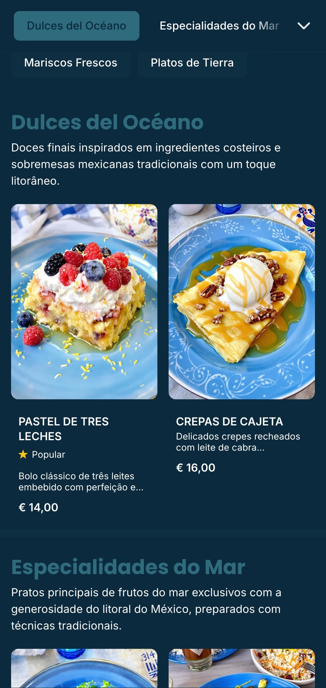 Projeto de cardápio mexicano costeiro, fresco e arejado, com especialidades de frutos do mar com detalhes em azul-celeste, padrões sutis de ondas e ambiente à beira-mar.
