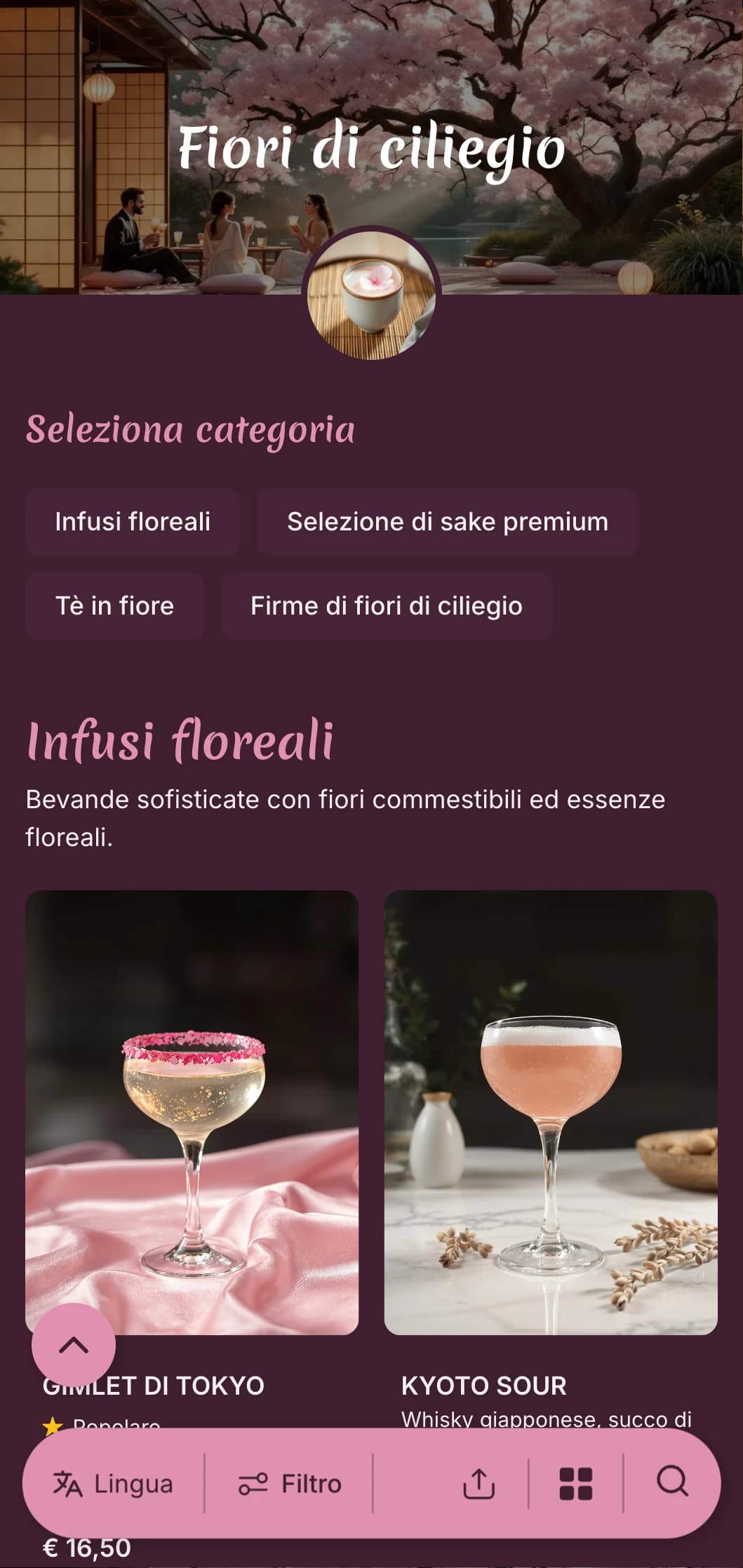 Design rosa tenue di ispirazione floreale con influenze giapponesi per raffinate esperienze di cocktail.