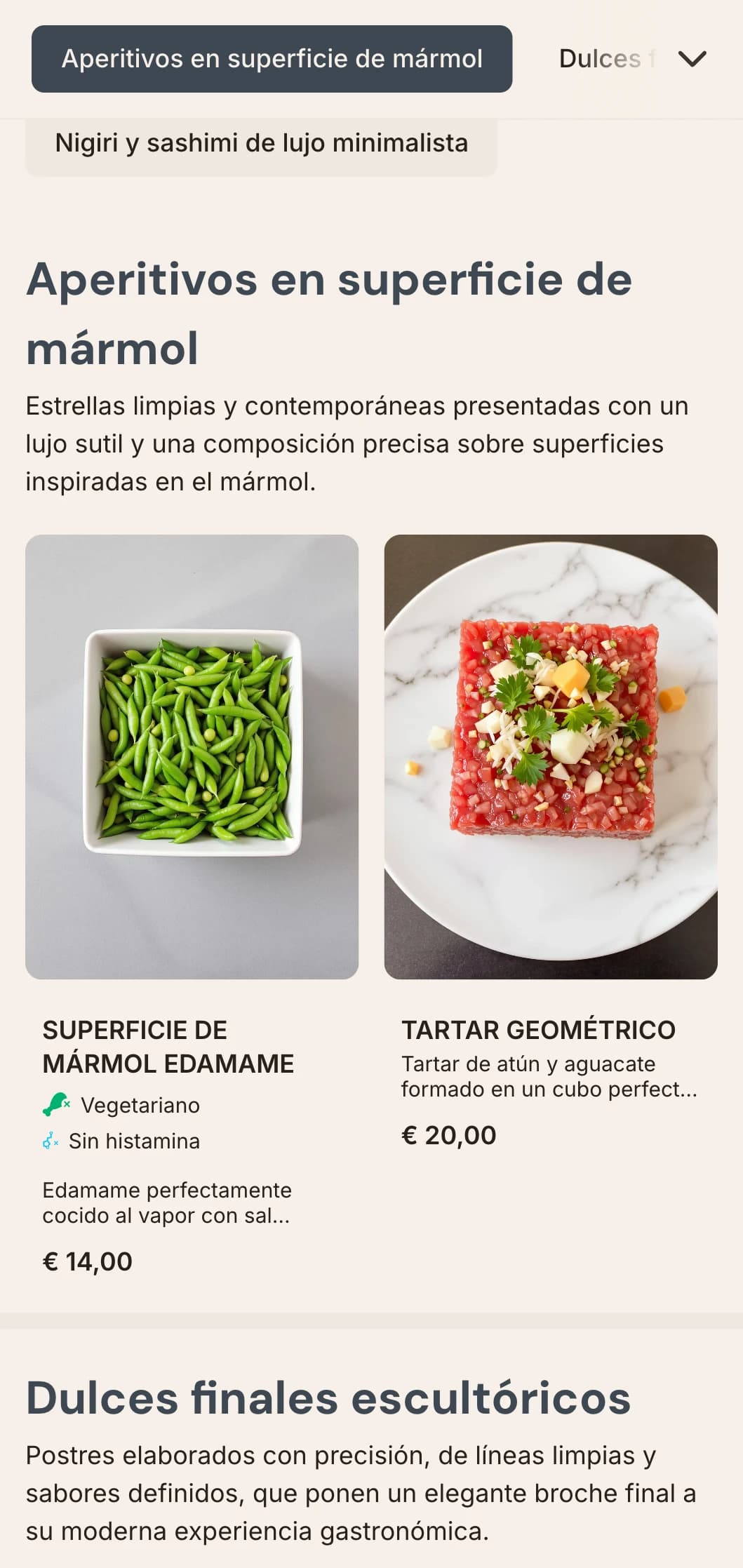 Lujoso menú de sushi contemporáneo con sutiles texturas de mármol y un limpio diseño minimalista.