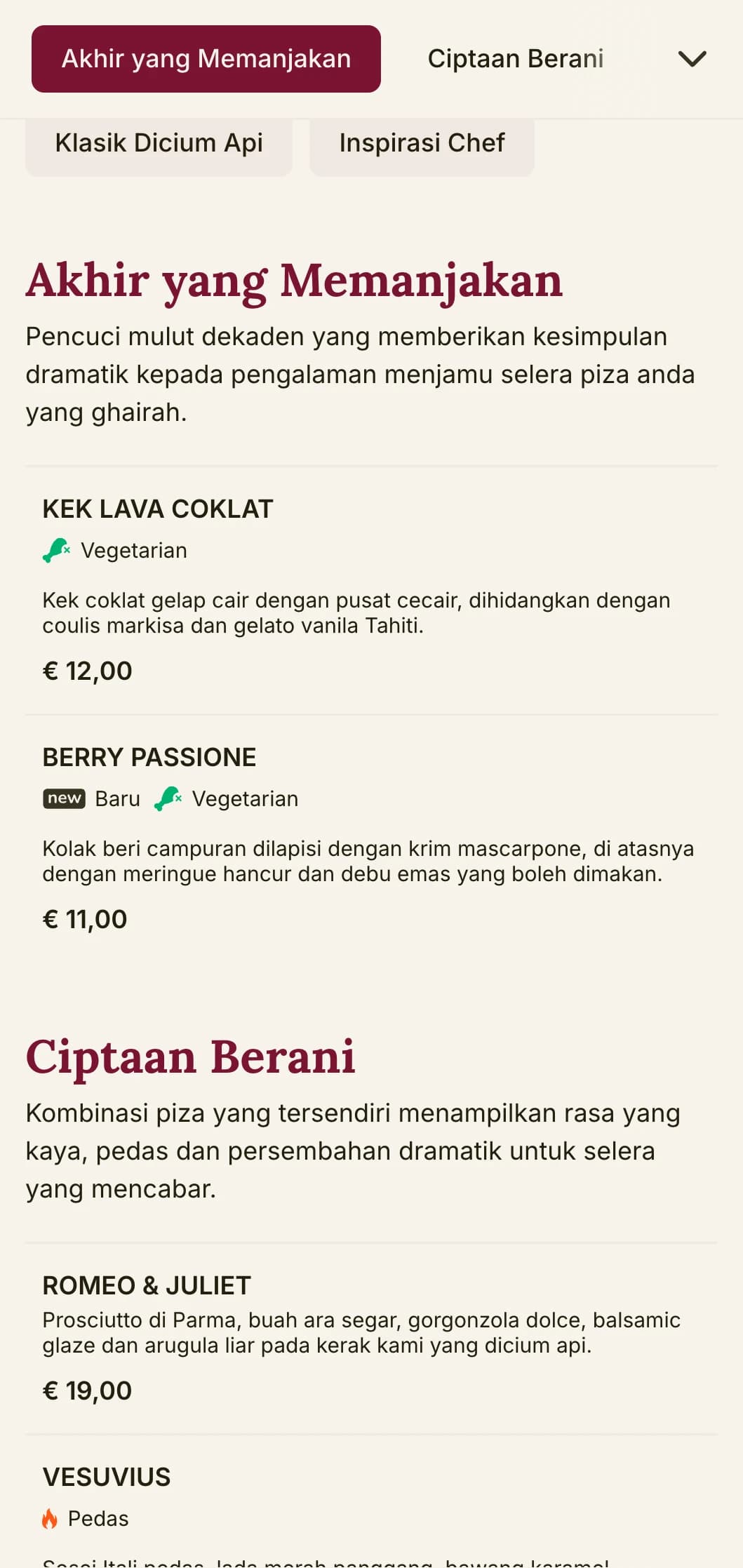 Reka bentuk menu piza yang berani dan bersemangat dengan warna yang kaya dan elemen teater untuk restoran pizza dengan perwatakan tersendiri.