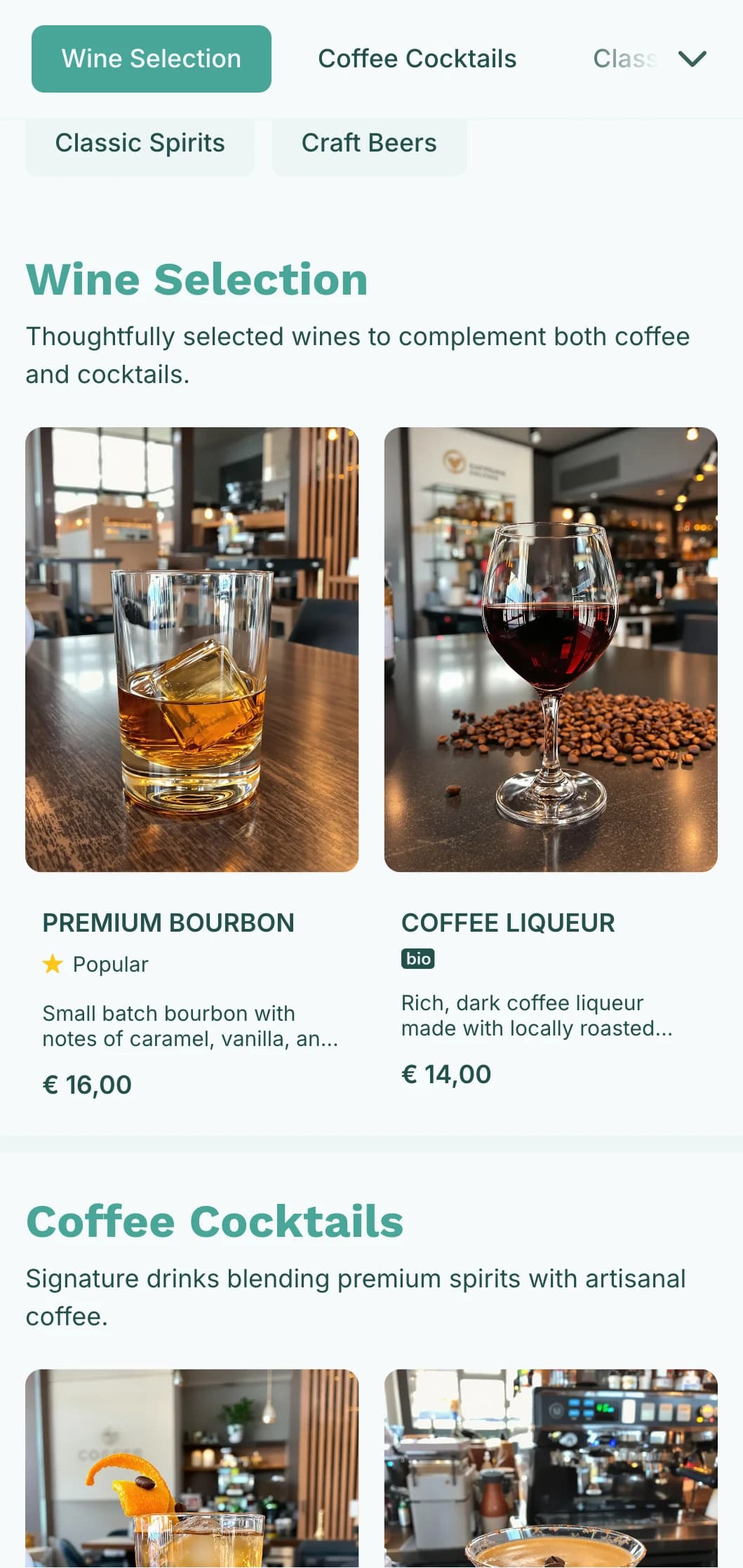 Fresh teal design for hybrid coffee and cocktail establishments.