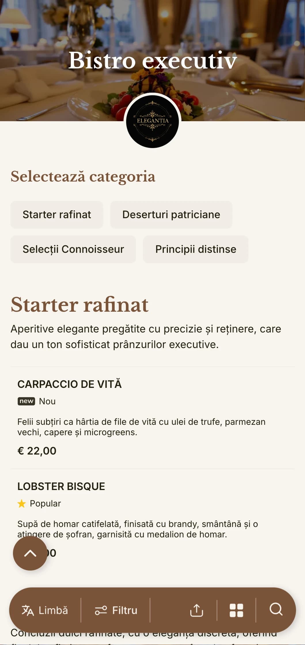 Design sofisticat pentru meniul de prânz, cu tipografie rafinată și spațiere elegantă, adaptat pentru restaurantele hotelurilor de lux și sălile de mese executive care servesc profesioniști de afaceri.