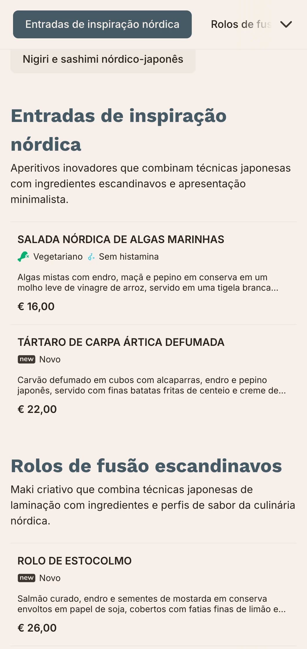 Menu de sushi de fusão contemporânea que combina as tradições japonesas com o minimalismo escandinavo, apresentando linhas limpas e tons de azul suaves.