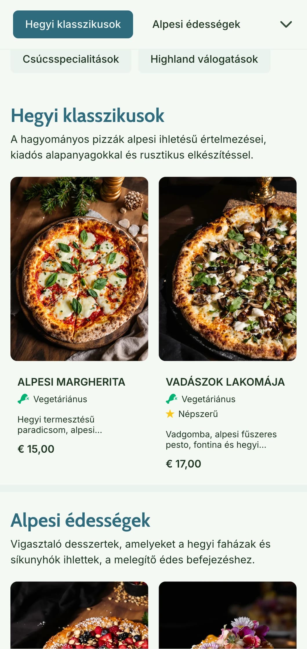 Hegyi ihletésű pizzamenü természetes elemekkel és rusztikus alpesi esztétikával.
