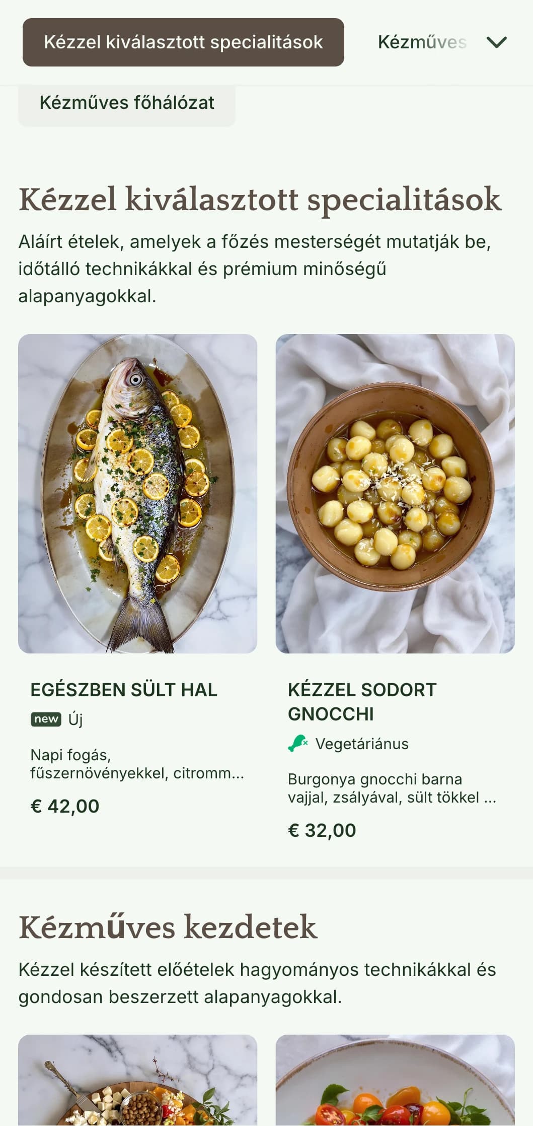 Meleg, kézműves jellegű vacsora menü kézműves ihletésű design elemekkel és földes tónusokkal, amely tökéletes a kézműves konyhára összpontosító éttermek számára.
