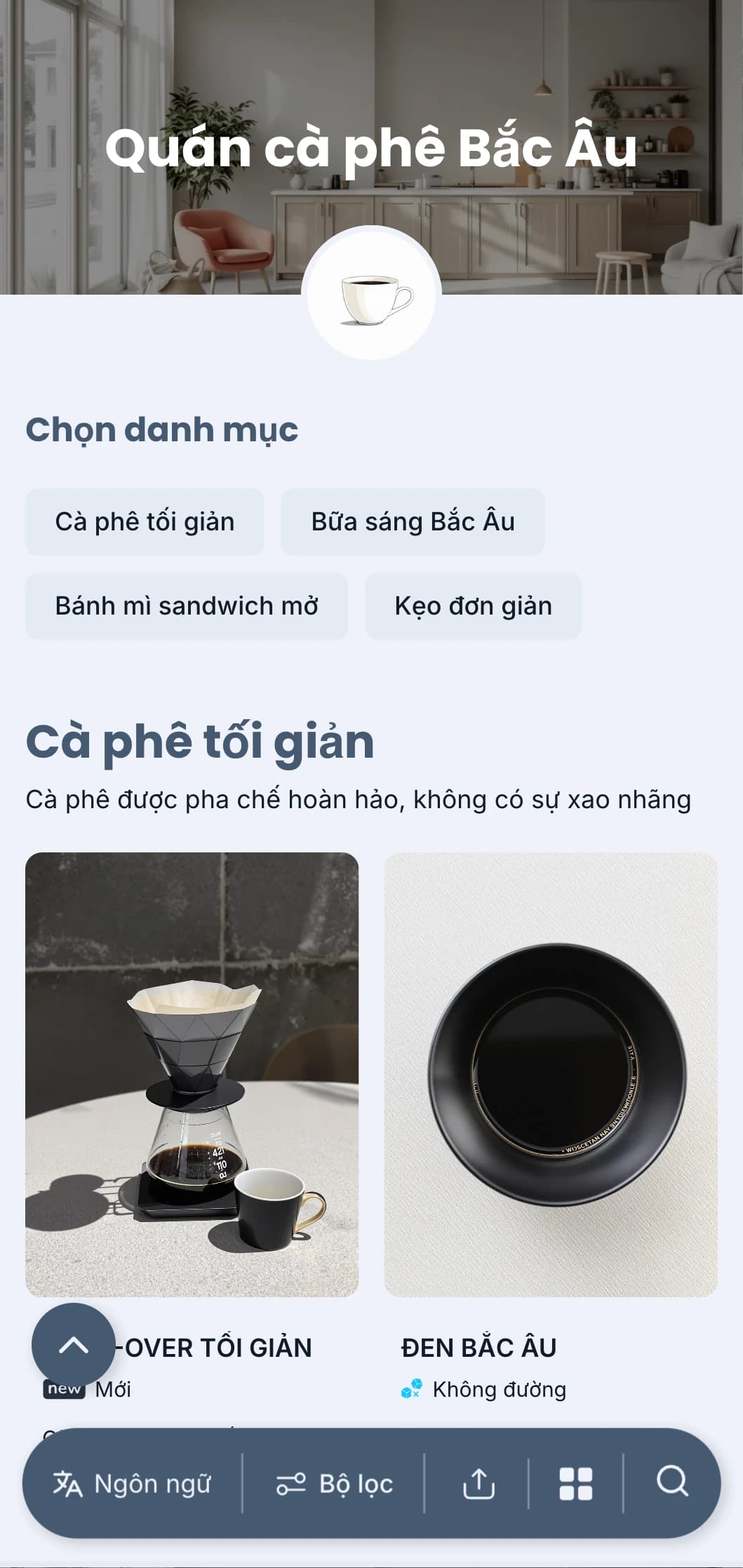 Thiết kế lấy cảm hứng từ phong cách Scandinavia với tông màu xanh mát mẻ dành cho quán cà phê tối giản hiện đại.